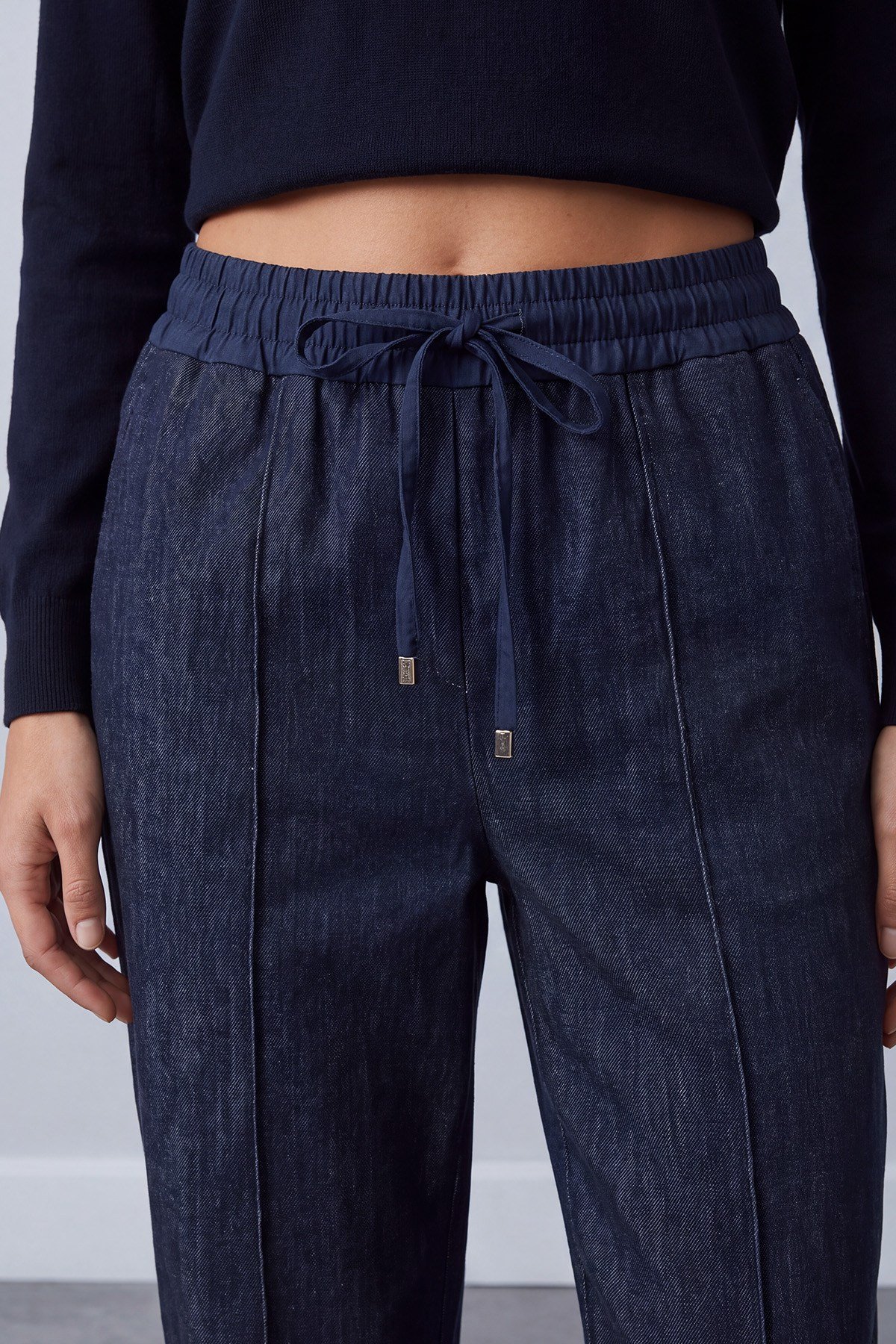 Beli Lastikli Bağcıklı Pantolon Lacivert Pantolon Puane 