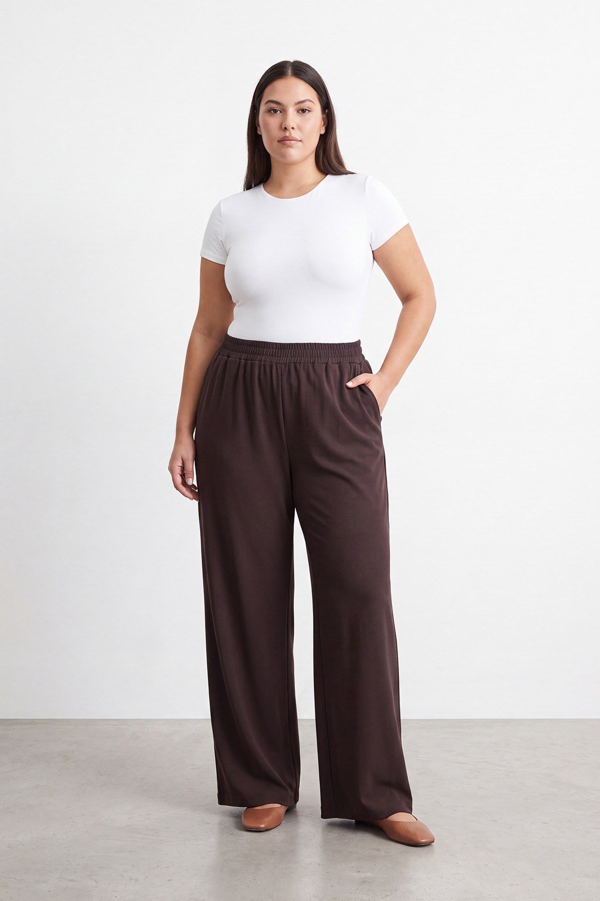 Büyük Beden Beli Lastikli Bol Paça Pantolon -19285PNT - Kahverengi Pantolon PUANE PLUS 