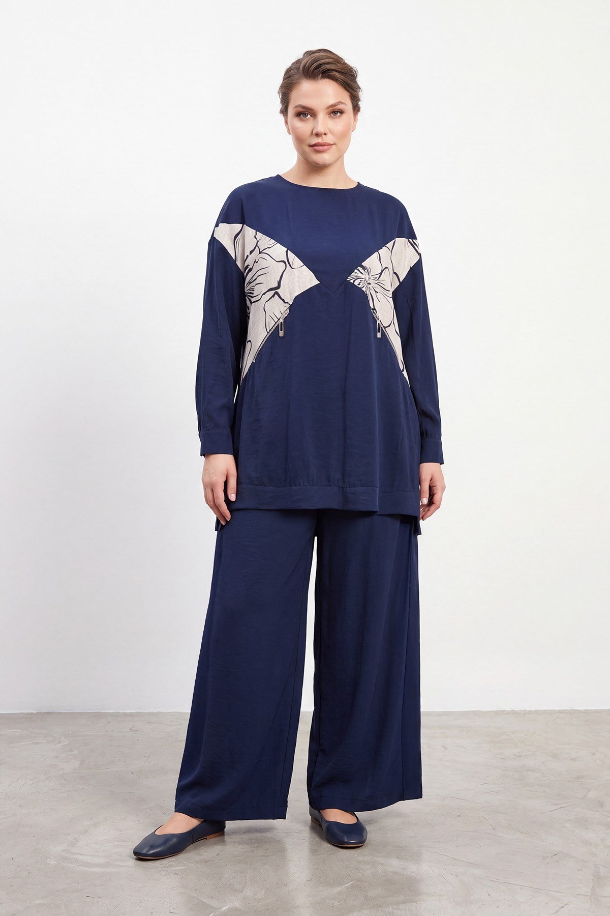 Büyük Beden Renk Bloklu Pantolon Tunik Takım - Lacivert Eşofman Takım Puane Plus 