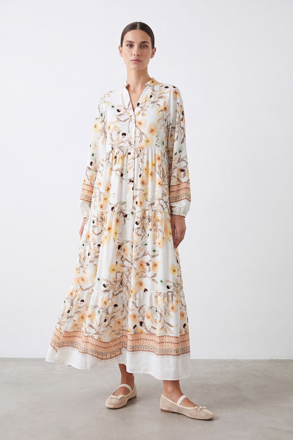 Çiçek Desenli Bohem Maxi Elbise -32531ELB - Bej Günlük Elbise Soul 