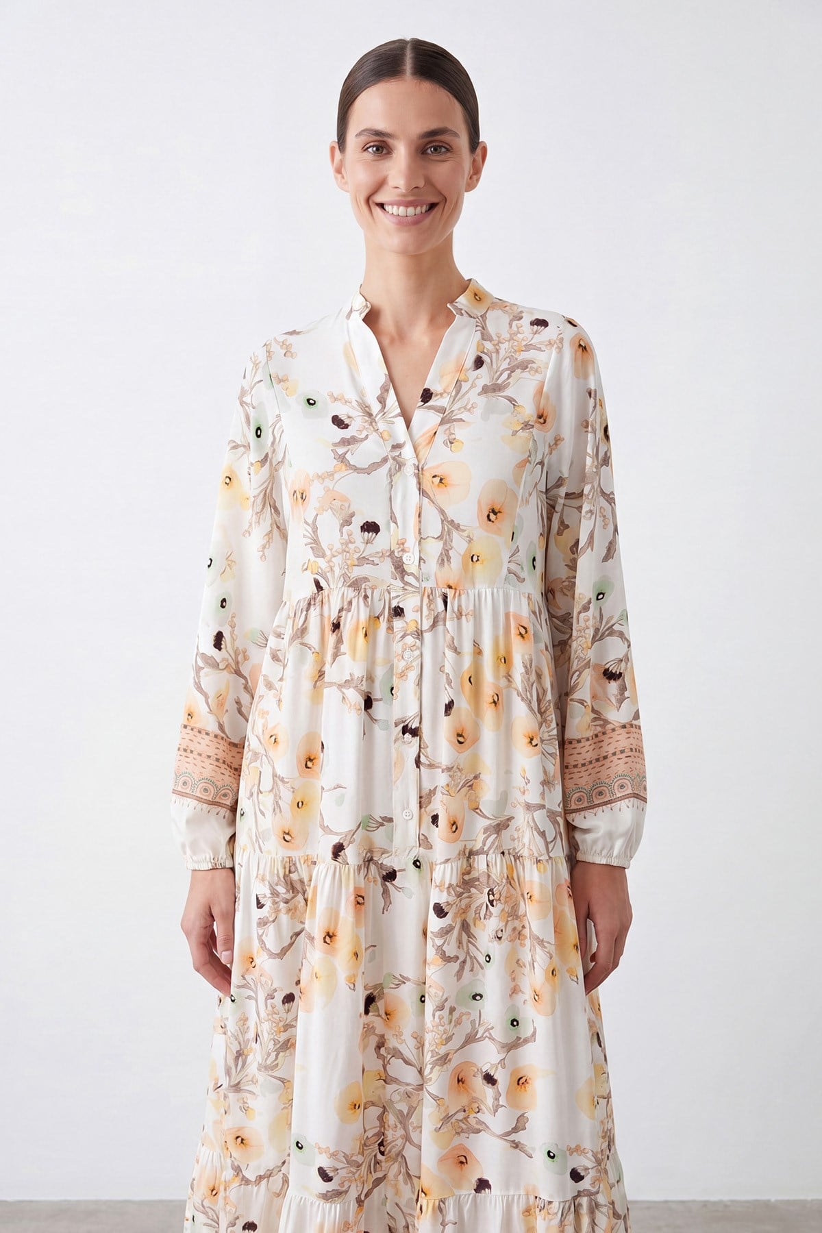 Çiçek Desenli Bohem Maxi Elbise -32531ELB - Bej Günlük Elbise Soul 