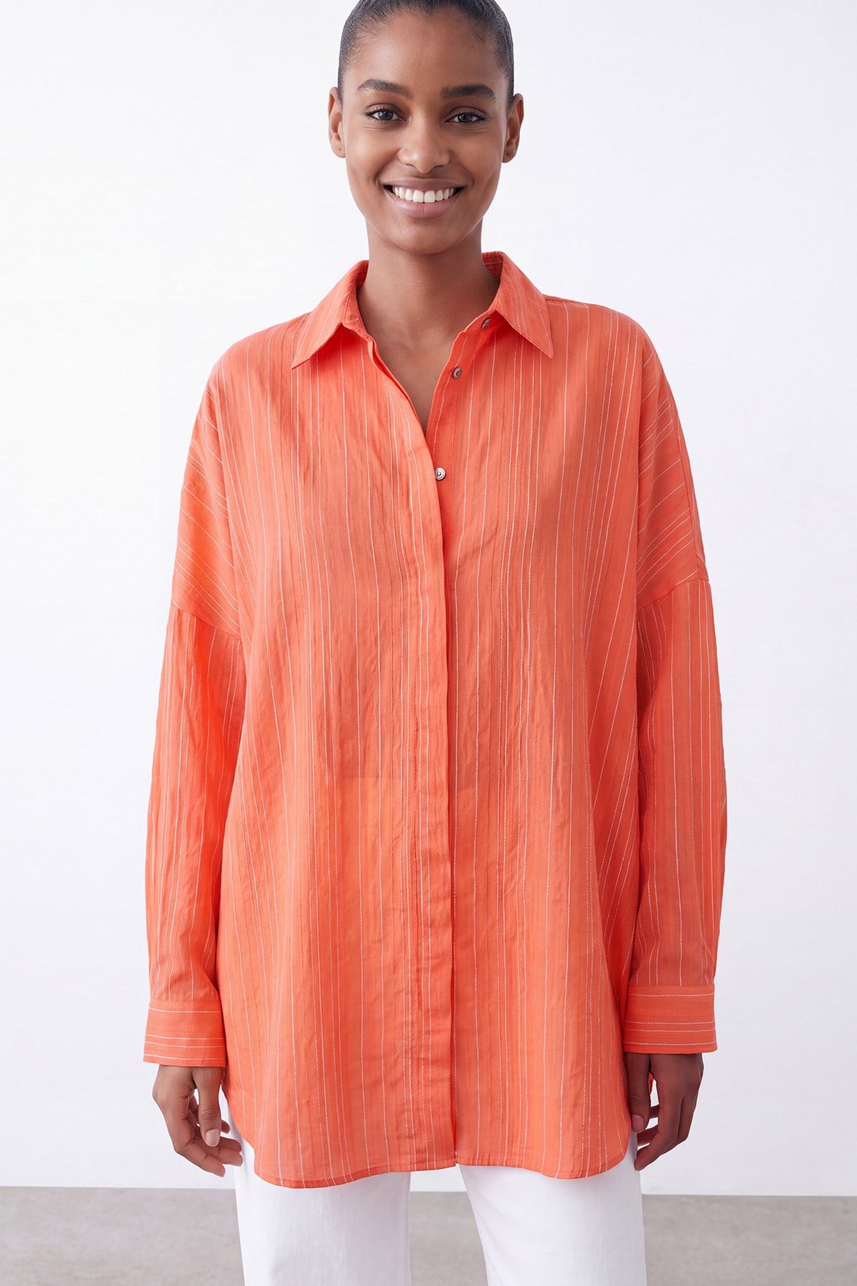 Çizgili Oversize Gömlek -10800TUN - Mercan Tunik Puane 