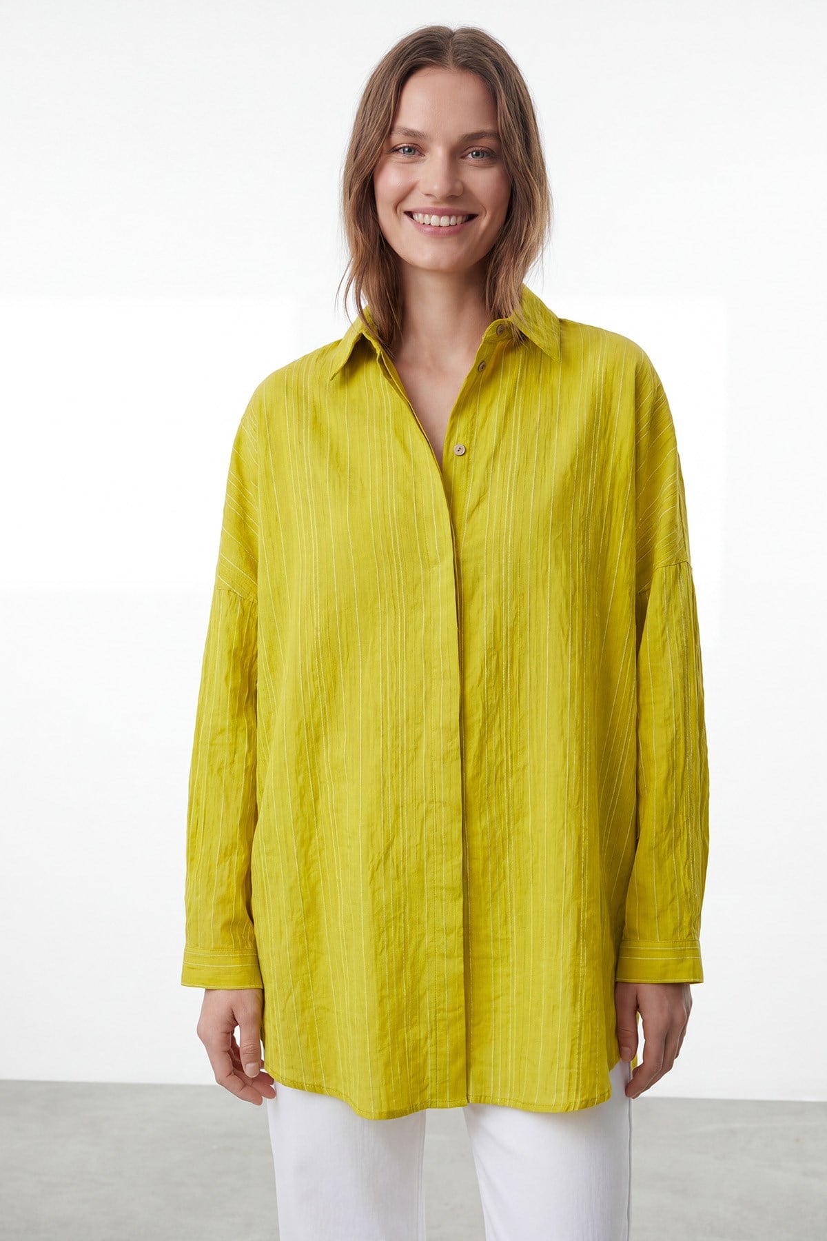 Çizgili Oversize Gömlek -10800TUN - Zeytin Yeşili Tunik Puane 