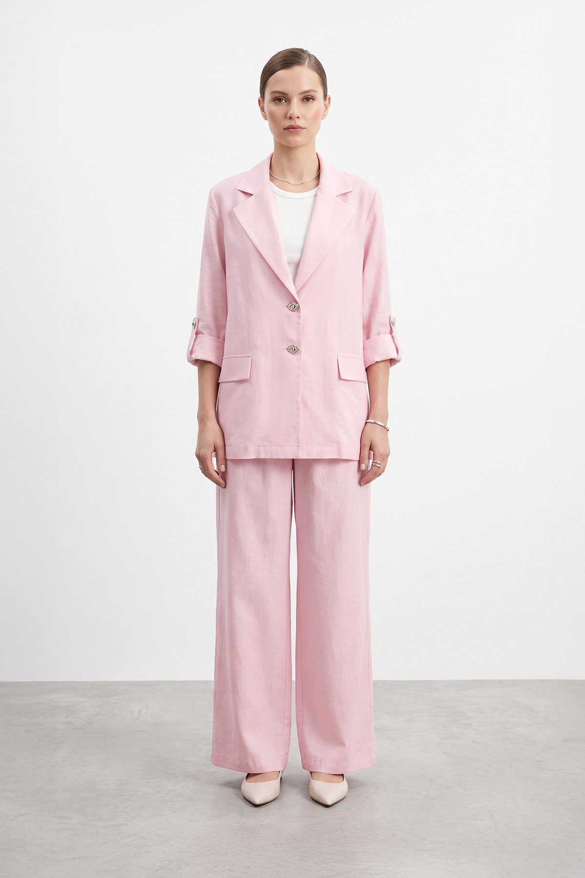Düğmeli Blazer Ceket Pantolon Takım - Pembe İkili Takımlar Loreen 