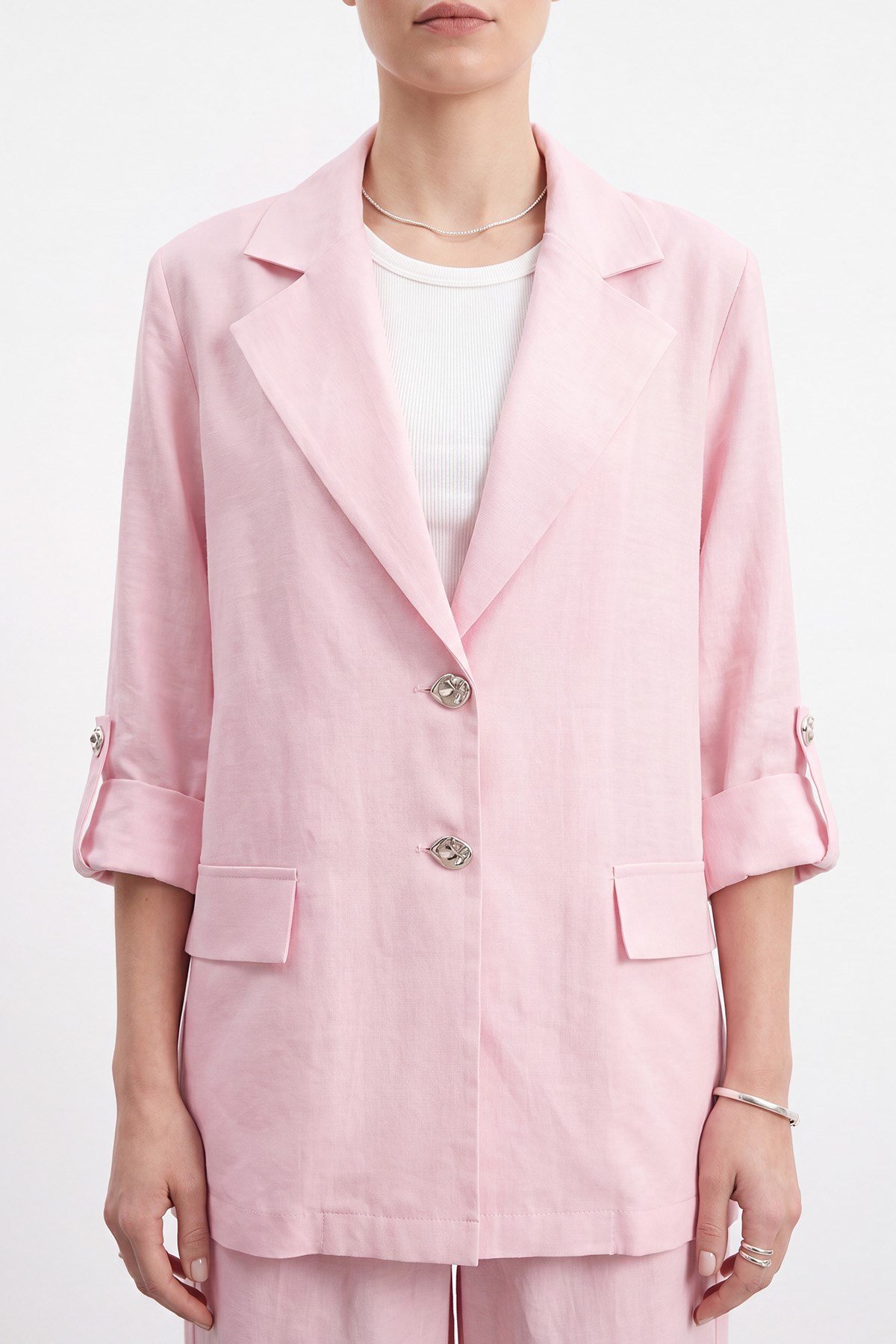 Düğmeli Blazer Ceket Pantolon Takım - Pembe İkili Takımlar Loreen 