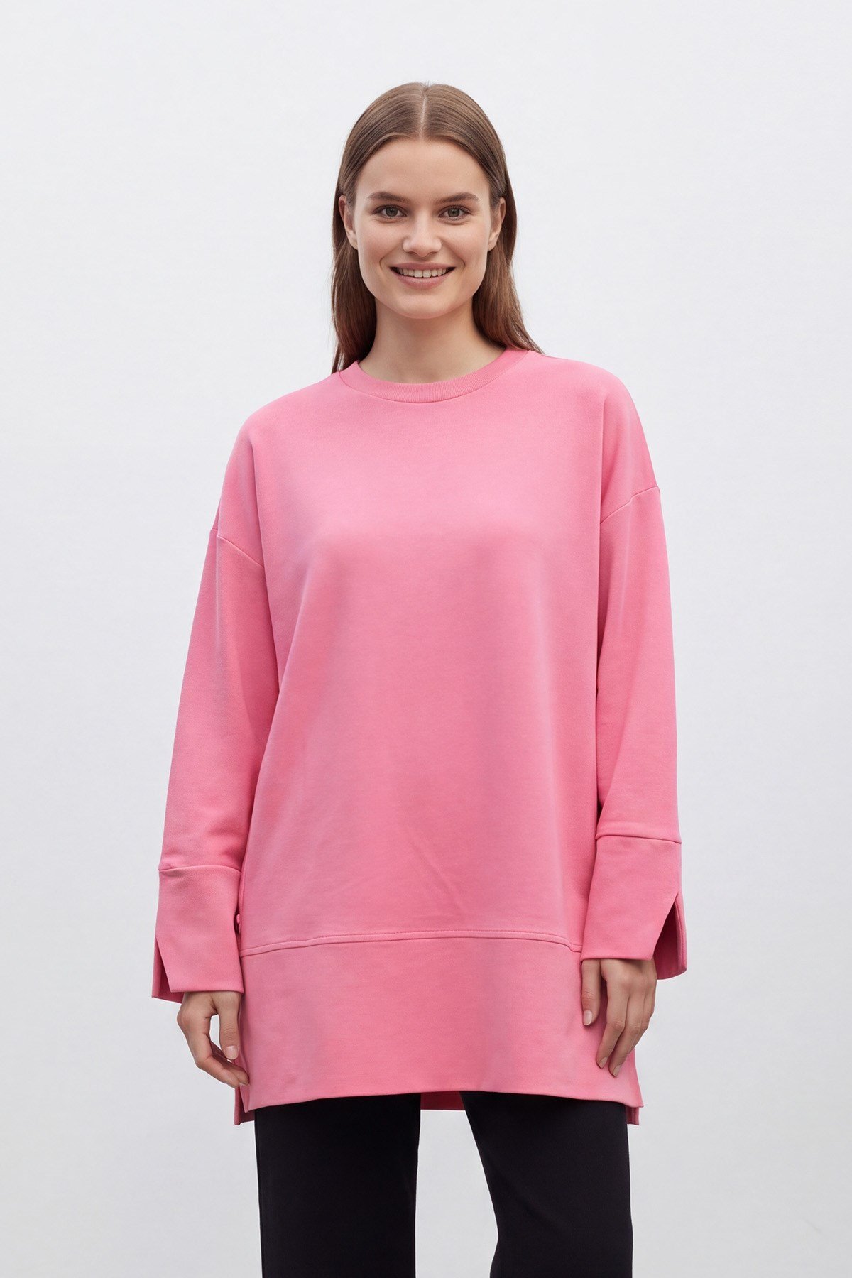 Düşük Omuz Kol Detaylı  Örme Tunik Pembe Tunik Loreen 