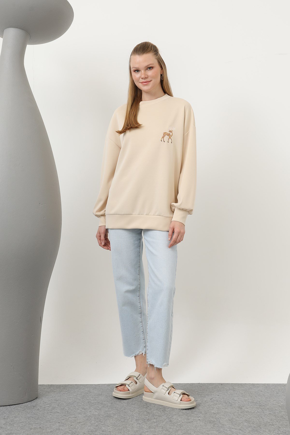 Kadın Arkası Geyikli Sweat - 32118SWT - Bej Sweatshirt Soul 