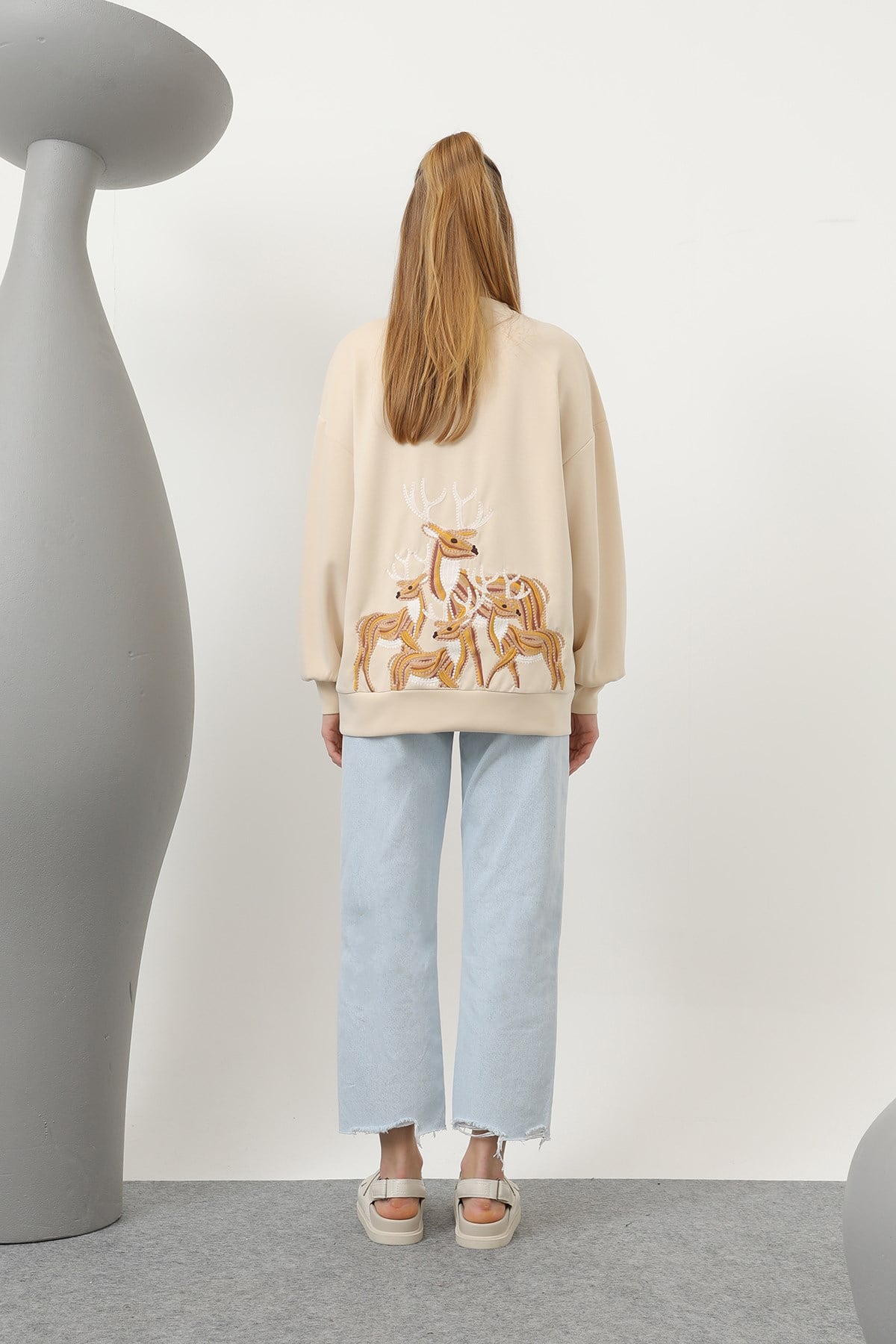 Kadın Arkası Geyikli Sweat - 32118SWT - Bej Sweatshirt Soul 
