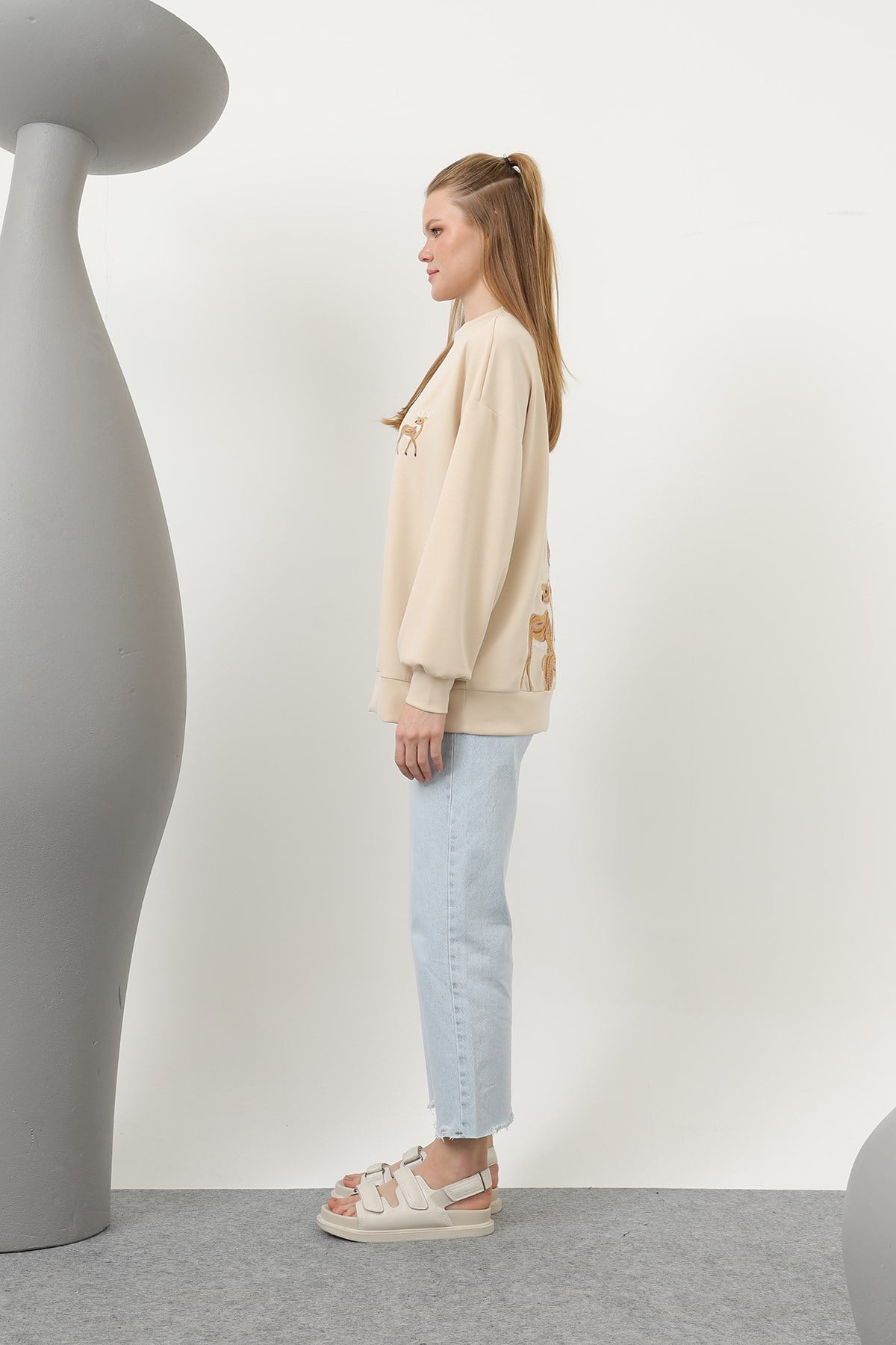 Kadın Arkası Geyikli Sweat - 32118SWT - Bej Sweatshirt Soul 