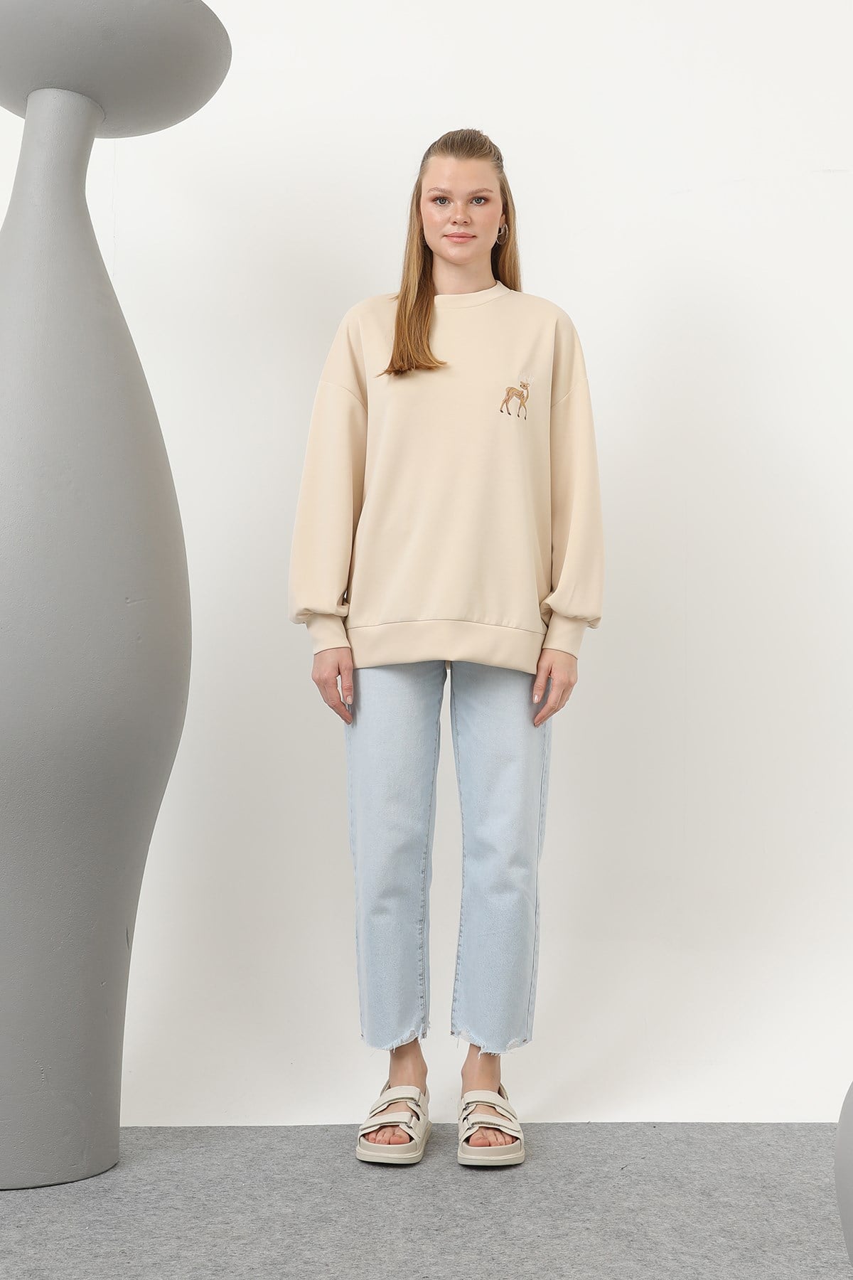 Kadın Arkası Geyikli Sweat - 32118SWT - Bej Sweatshirt Soul 