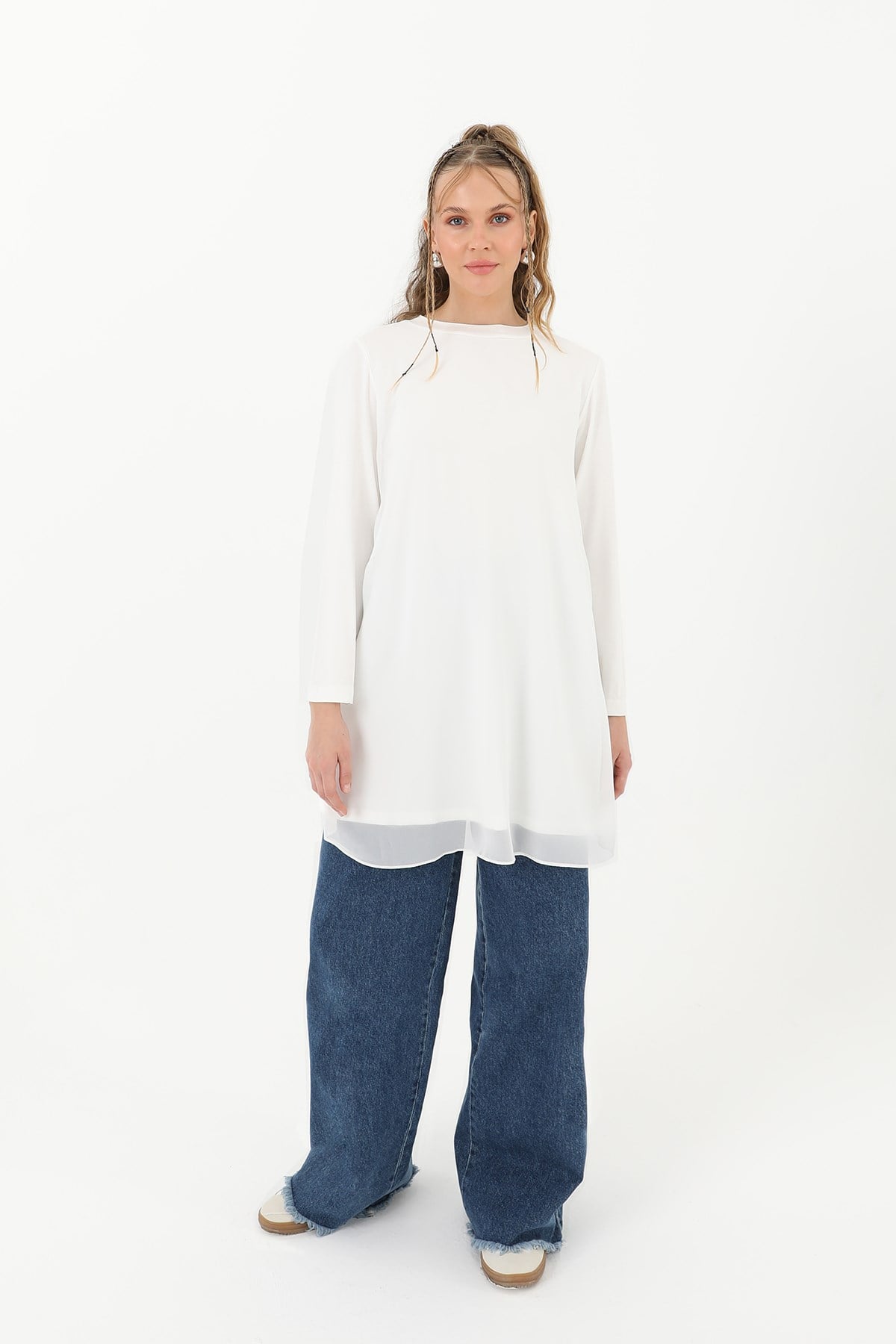Kadın Balıkçı Yaka Tül Detaylı Bluz - 10269TUN - Ekru Tunik Puane 