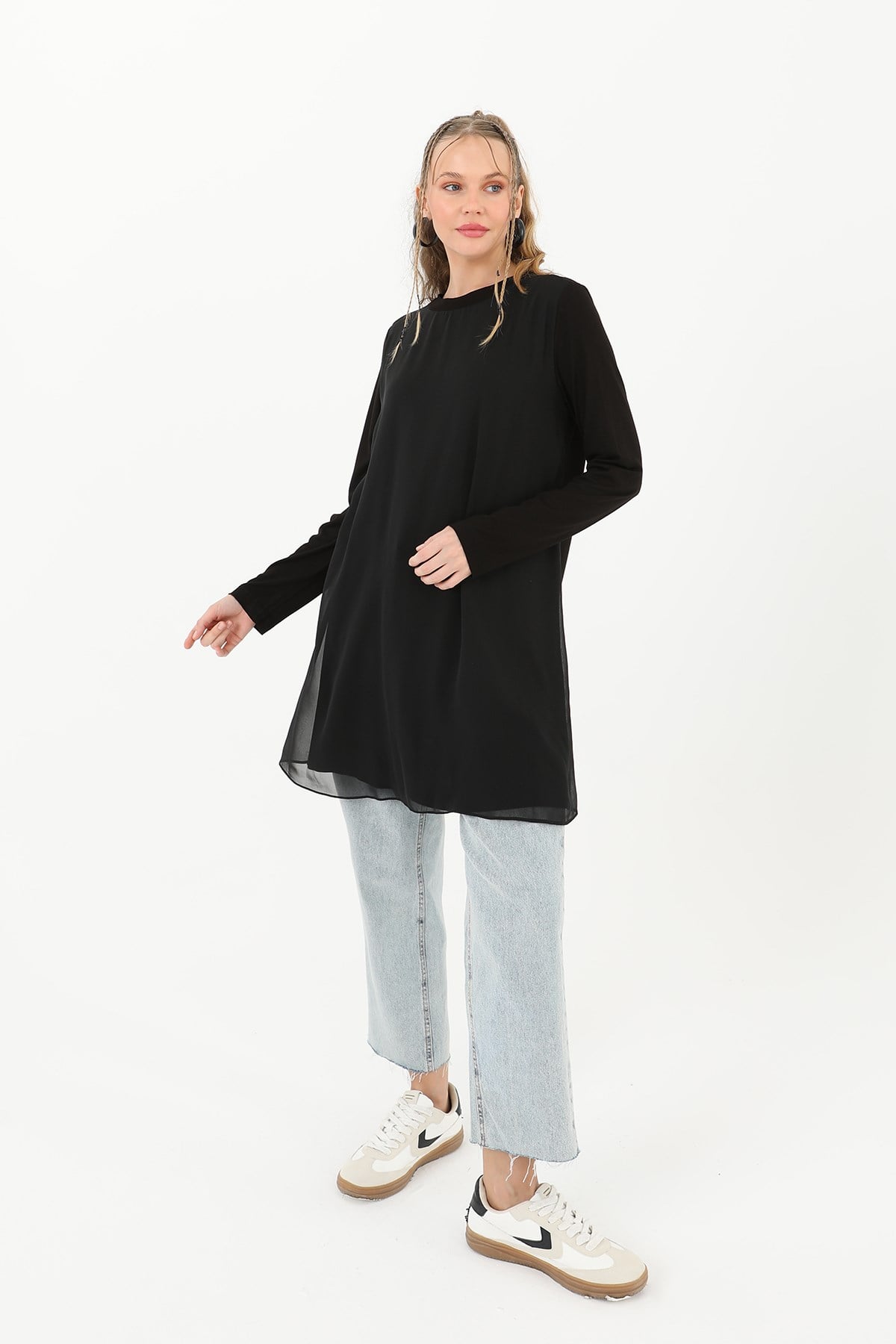 Kadın Balıkçı Yaka Tül Detaylı Bluz - 10269TUN - Siyah Tunik Puane 
