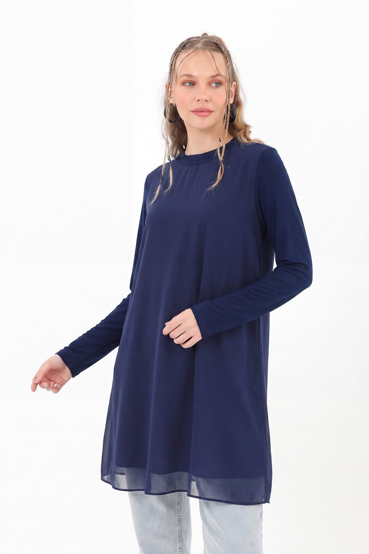Kadın Balıkçı Yaka Tül Detaylı Bluz - 10269TUN - Lacivert Tunik Puane 