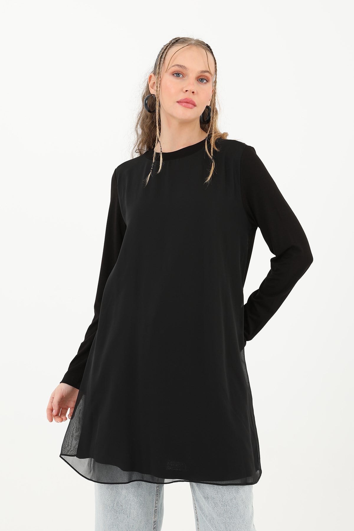 Kadın Balıkçı Yaka Tül Detaylı Bluz - 10269TUN - Siyah Tunik Puane 