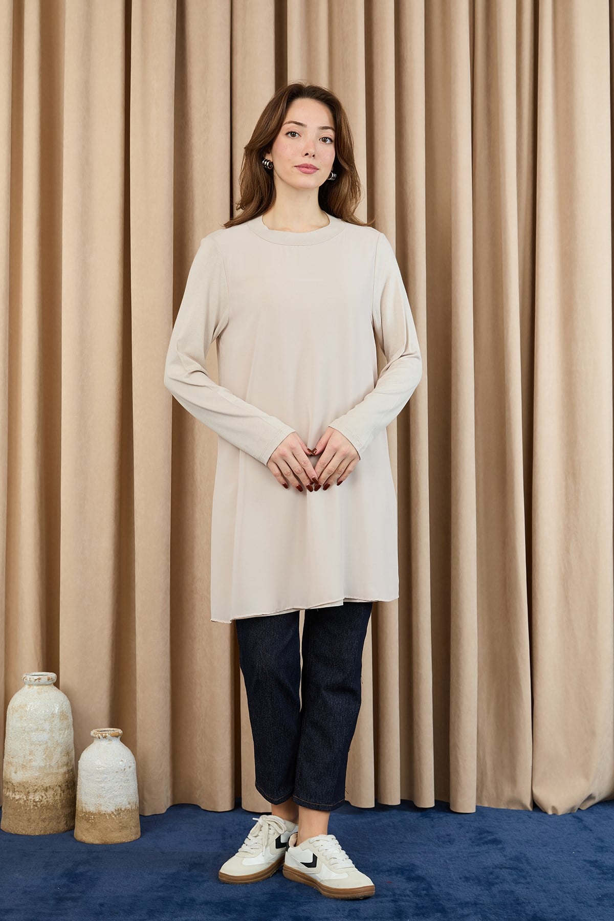 Kadın Balıkçı Yaka Tül Detaylı Bluz - 10269TUN - Bej Tunik Puane 