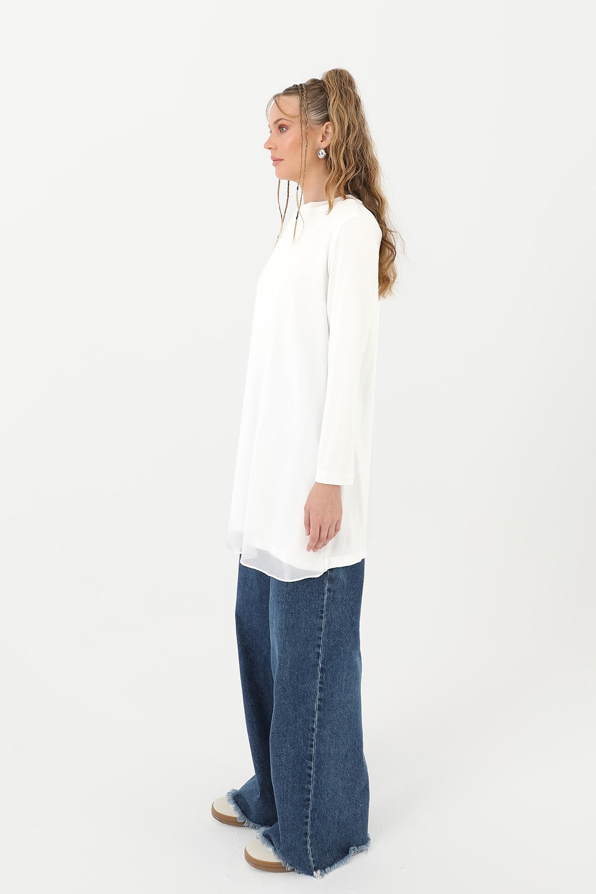 Kadın Balıkçı Yaka Tül Detaylı Bluz - 10269TUN - Ekru Tunik Puane 