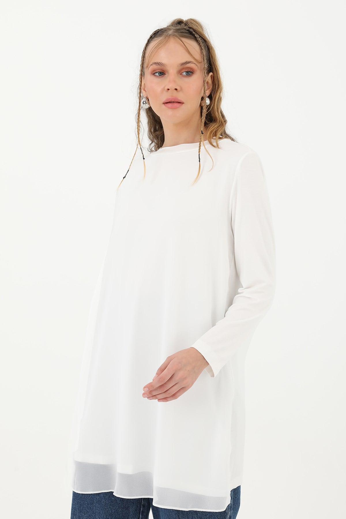 Kadın Balıkçı Yaka Tül Detaylı Bluz - 10269TUN - Ekru Tunik Puane 
