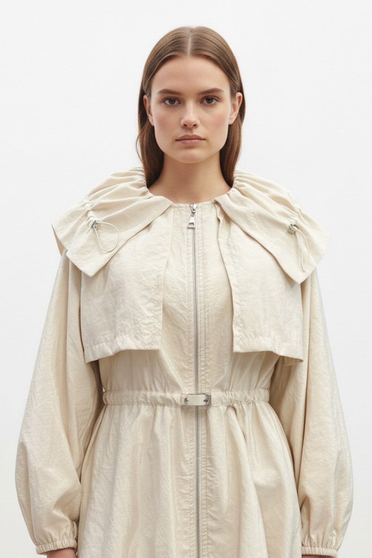 Kadın Balon Kol  Detaylı Kemerli  Kısa Trenchcoat-32450TRC Bej Trençkot Soul 