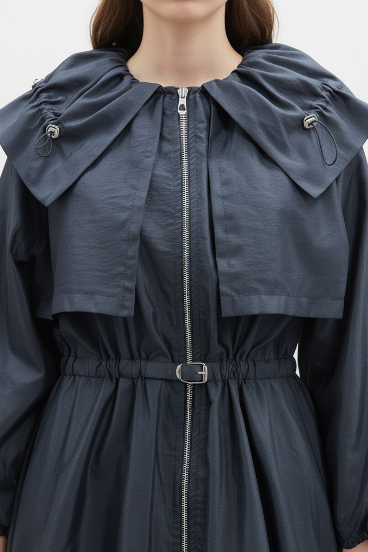 Kadın Balon Kol  Detaylı Kemerli  Kısa Trenchcoat-32450TRC - Lacivert Trençkot Soul 