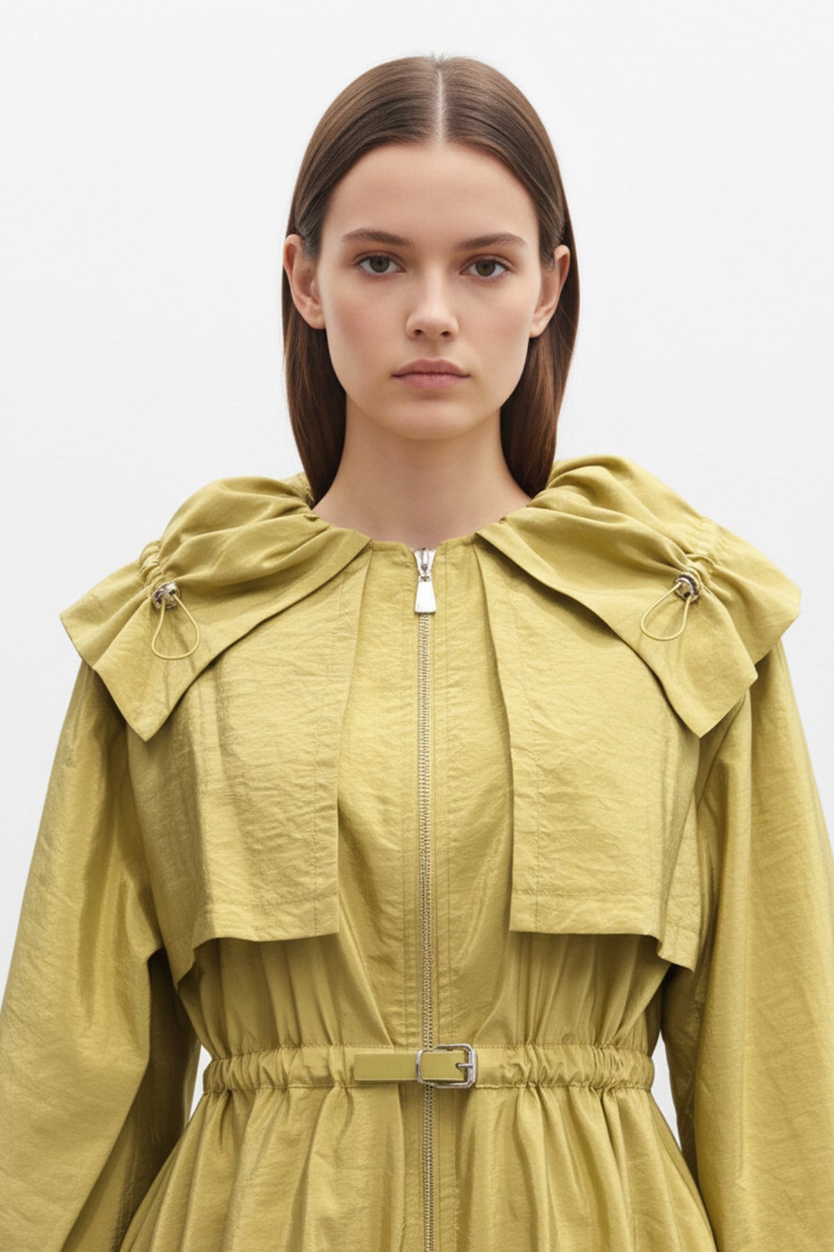 Kadın Balon Kol  Detaylı Kemerli  Kısa Trenchcoat-32450TRC Zeytin Yeşili Trençkot Soul 