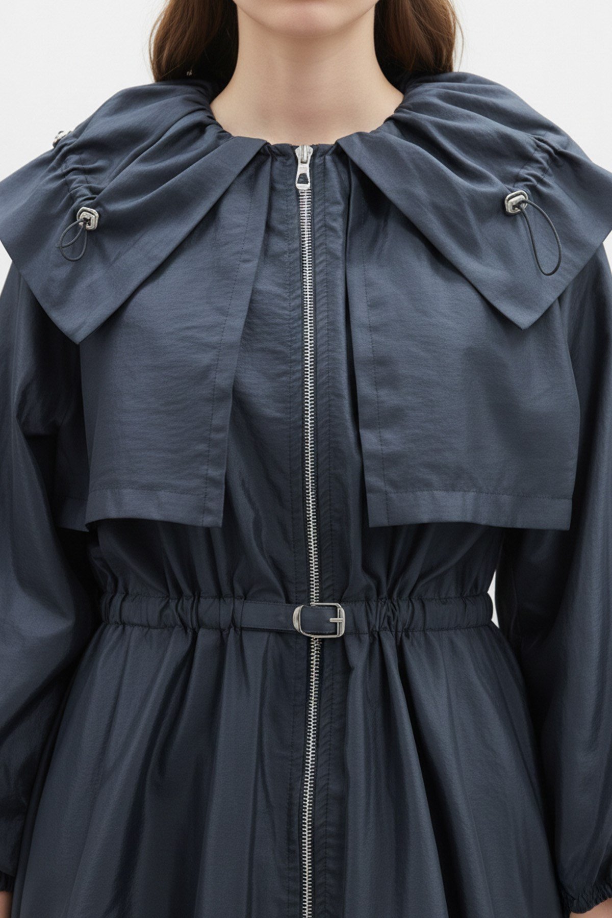 Kadın Balon Kol  Detaylı Kemerli  Kısa Trenchcoat-32450TRC Lacivert Trençkot Soul 