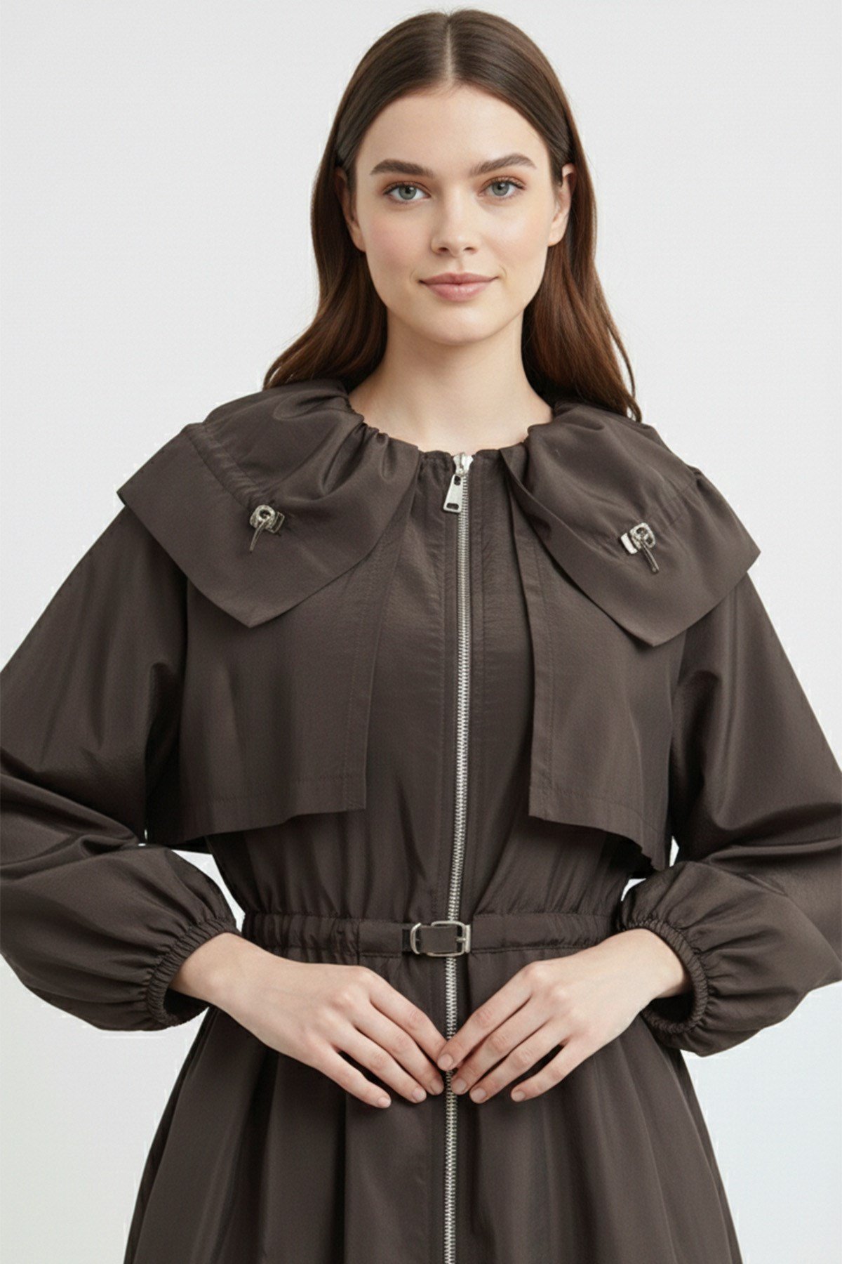 Kadın Balon Kol  Detaylı Kemerli  Kısa Trenchcoat-32450TRC Kahverengi Trençkot Soul 