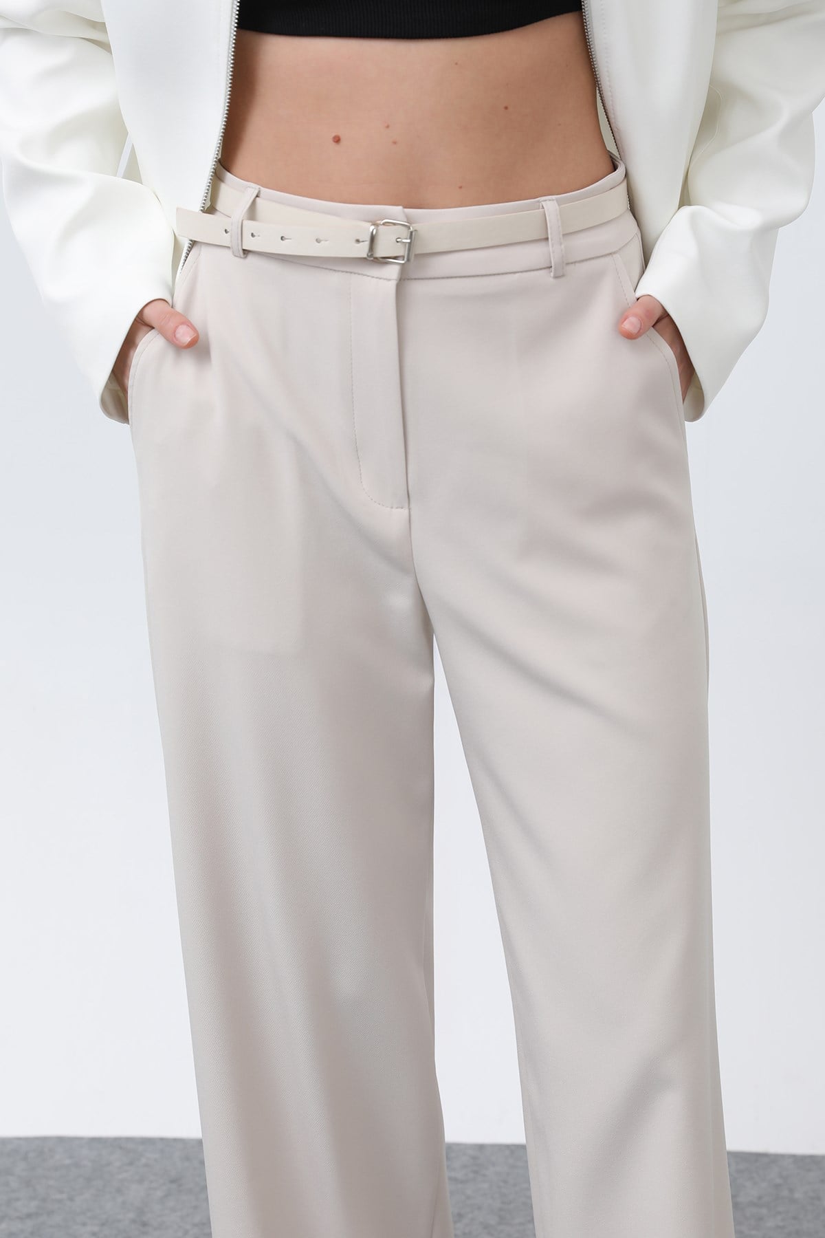 Kadın Basic Kemerli Pantolon - 32152PNT - Bej Pantolon Soul 