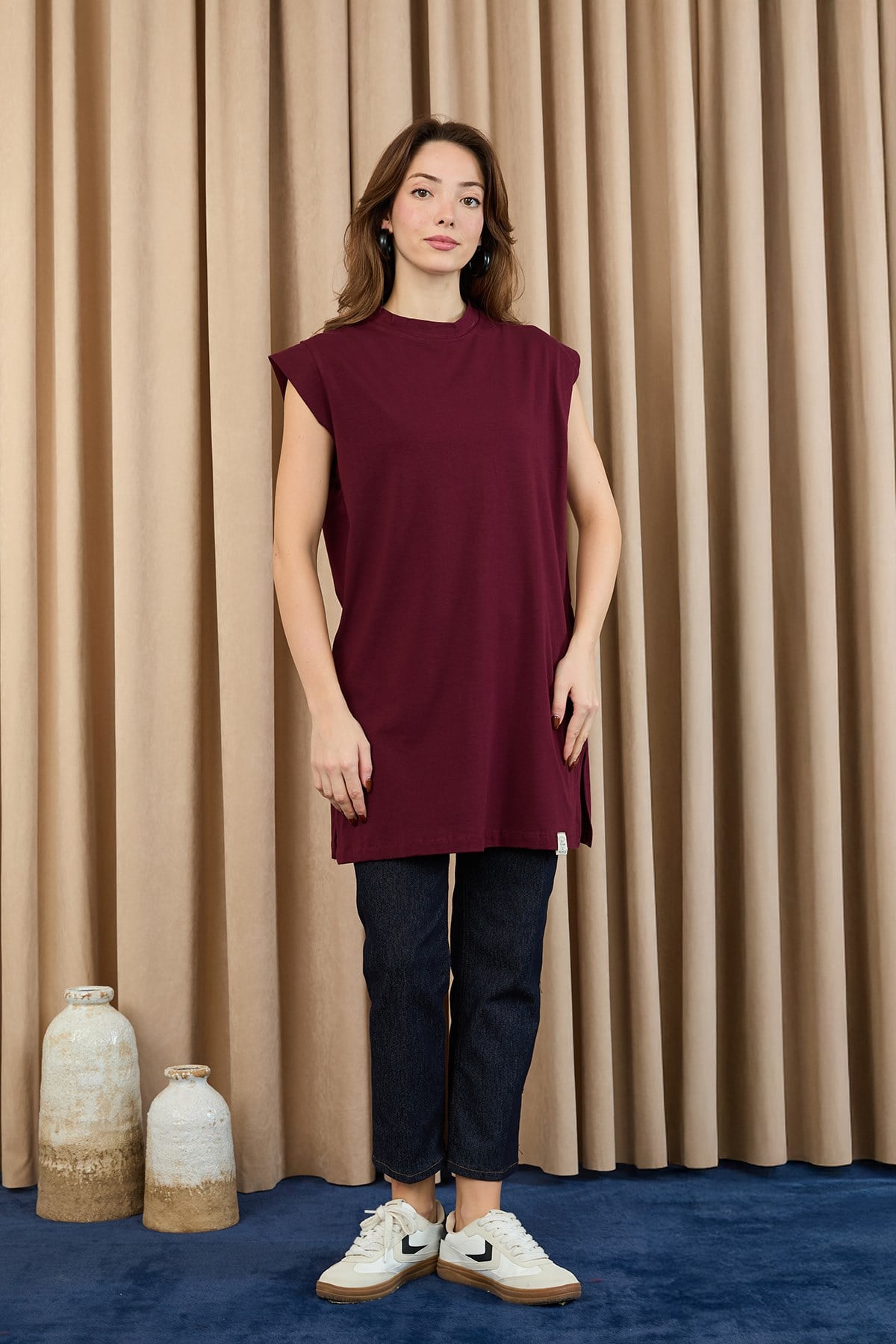 Kadın Basic Kolsuz T-shirt  - 30725TUN - Bordo Tunik Soul 