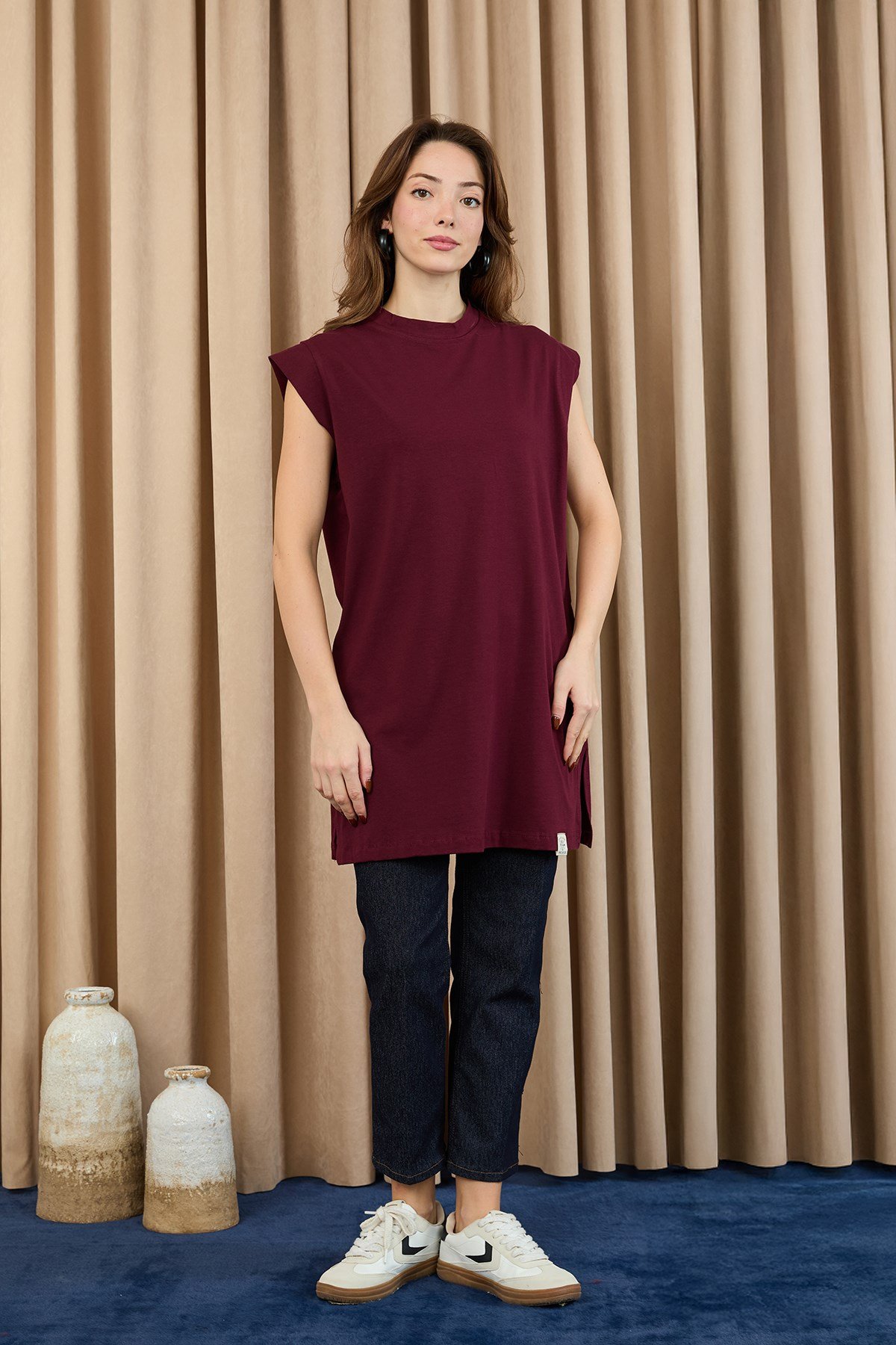 Kadın Basic Kolsuz T-shirt  - 30725TUN Bordo Tunik Soul 