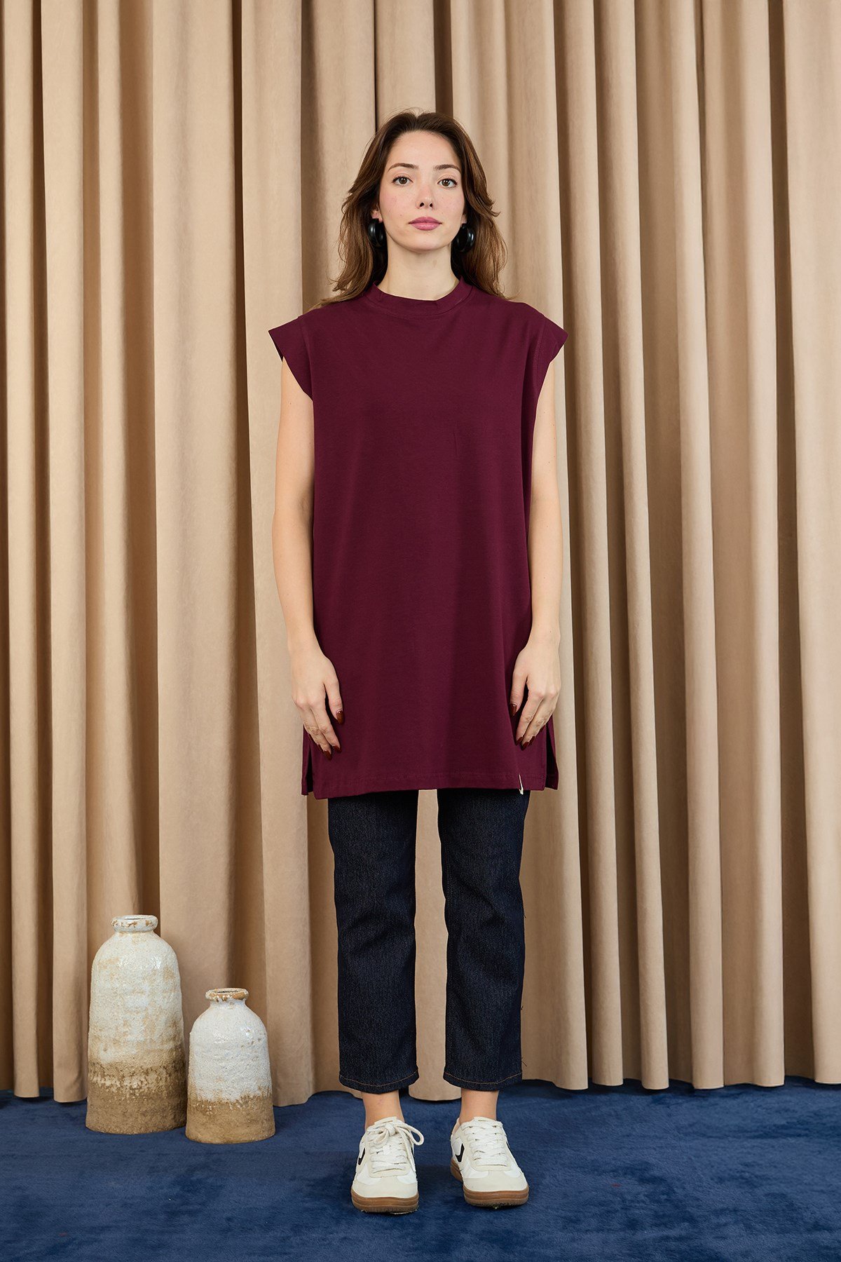 Kadın Basic Kolsuz T-shirt  - 30725TUN Bordo Tunik Soul 
