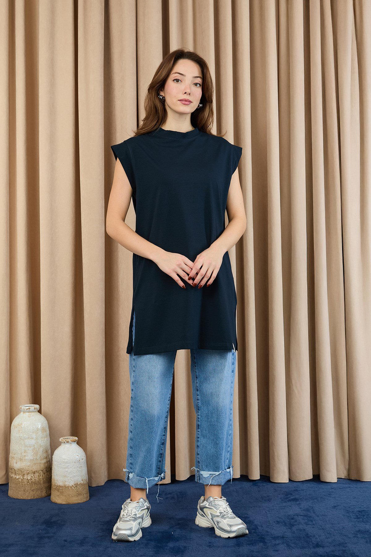 Kadın Basic Kolsuz T-shirt  - 30725TUN Lacivert Tunik Soul 