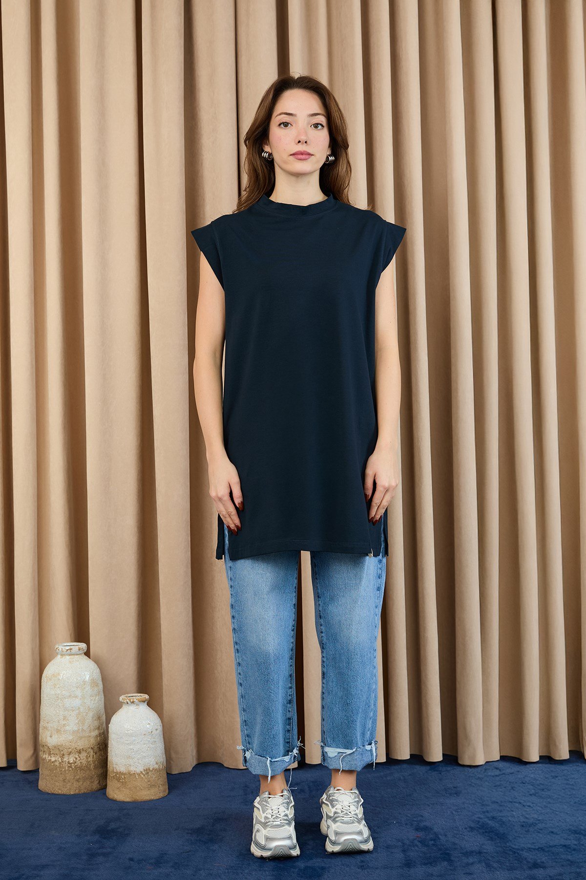 Kadın Basic Kolsuz T-shirt  - 30725TUN Lacivert Tunik Soul 