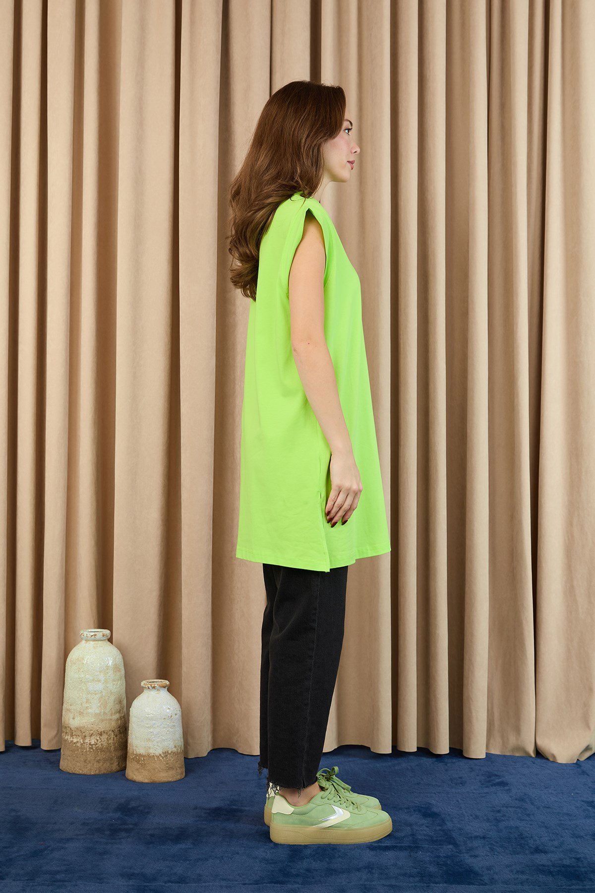 Kadın Basic Kolsuz T-shirt  - 30725TUN Limon Yeşili Tunik Soul 
