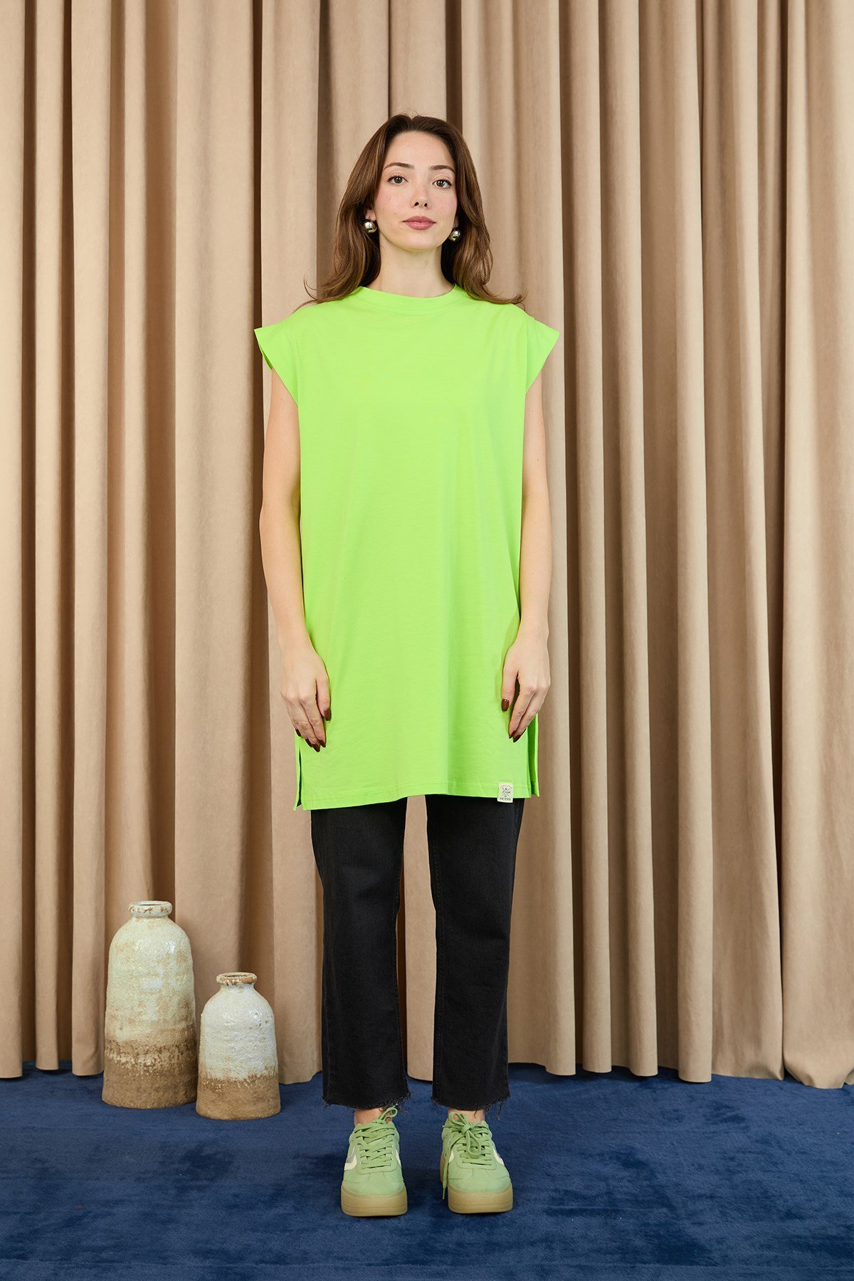 Kadın Basic Kolsuz T-shirt  - 30725TUN Limon Yeşili Tunik Soul 