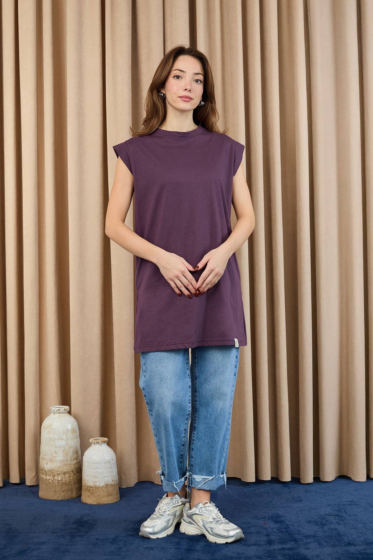 Kadın Basic Kolsuz T-shirt  - 30725TUN Mürdüm Tunik Soul 