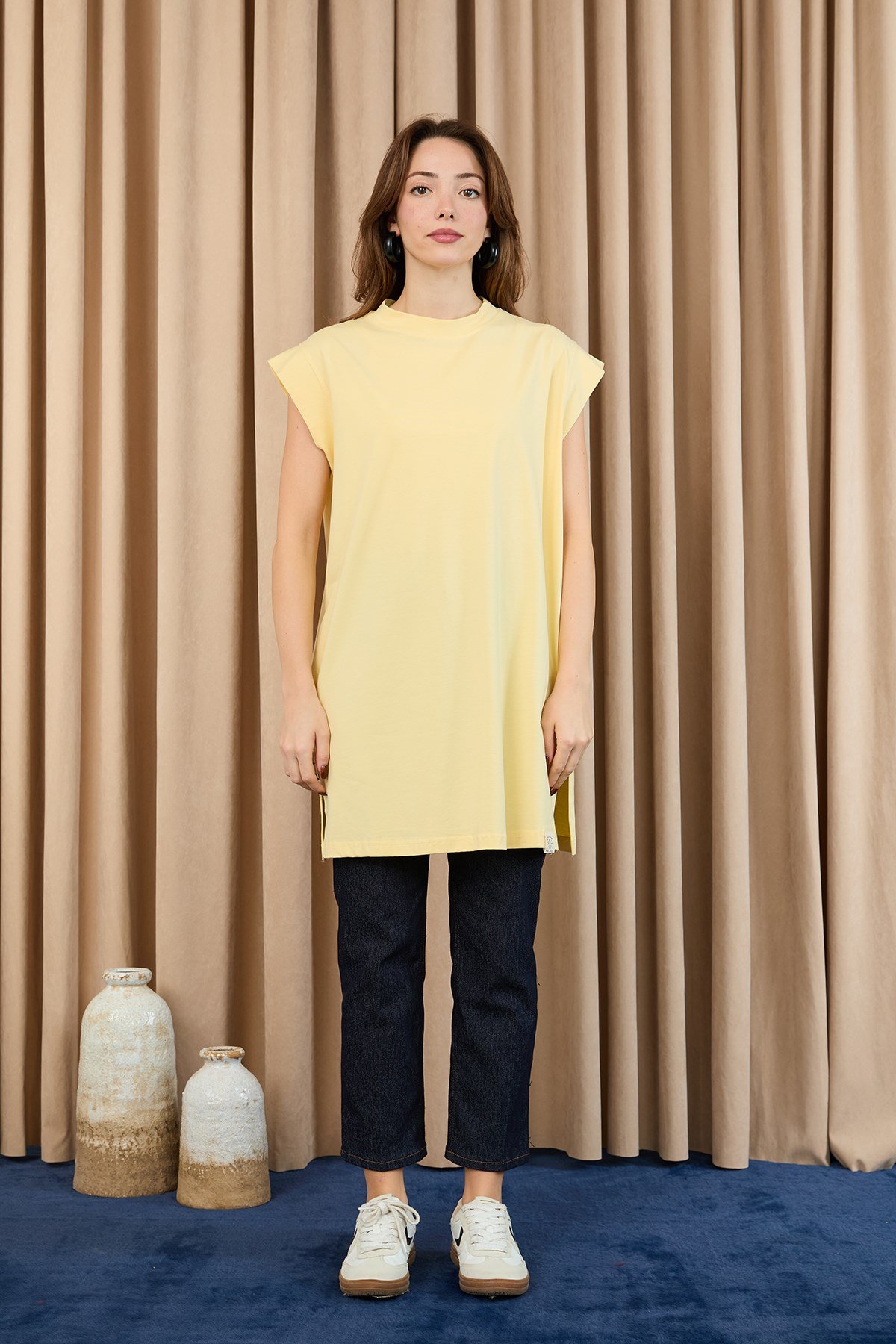 Kadın Basic Kolsuz T-shirt  - 30725TUN Sarı Tunik Soul 