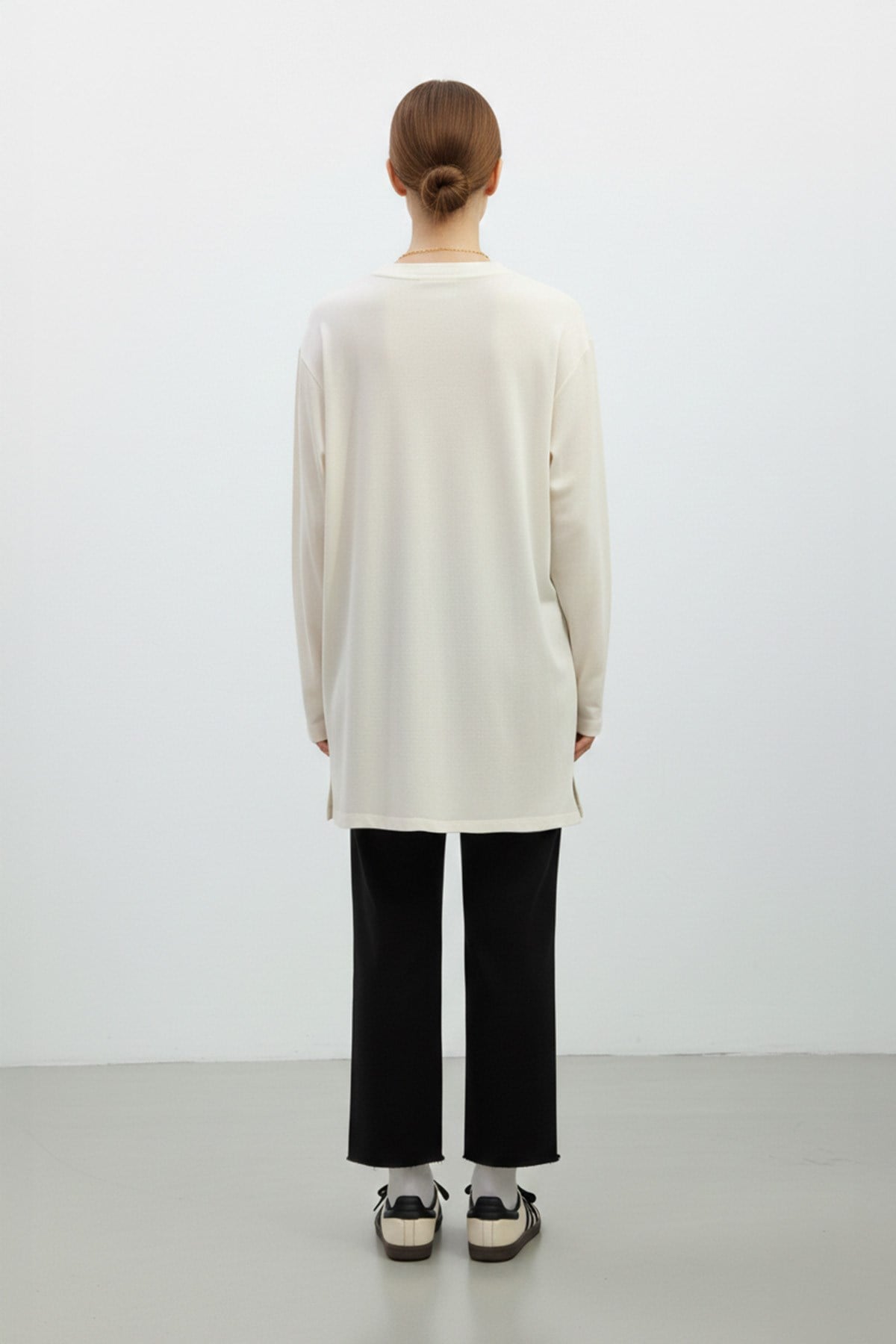 Kadın Basic Uzun Kollu Salaş Tunik-40017 - Ekru Tunik Puane 