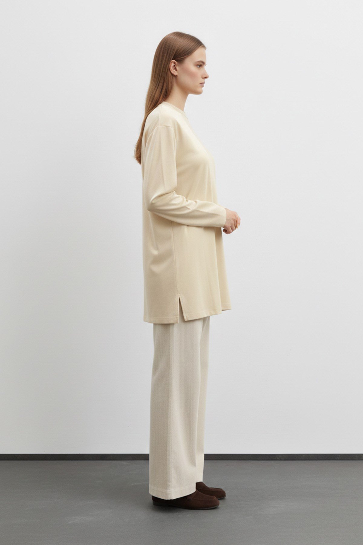 Kadın Basic Uzun Kollu Salaş Tunik-40017 Bej Tunik Puane 