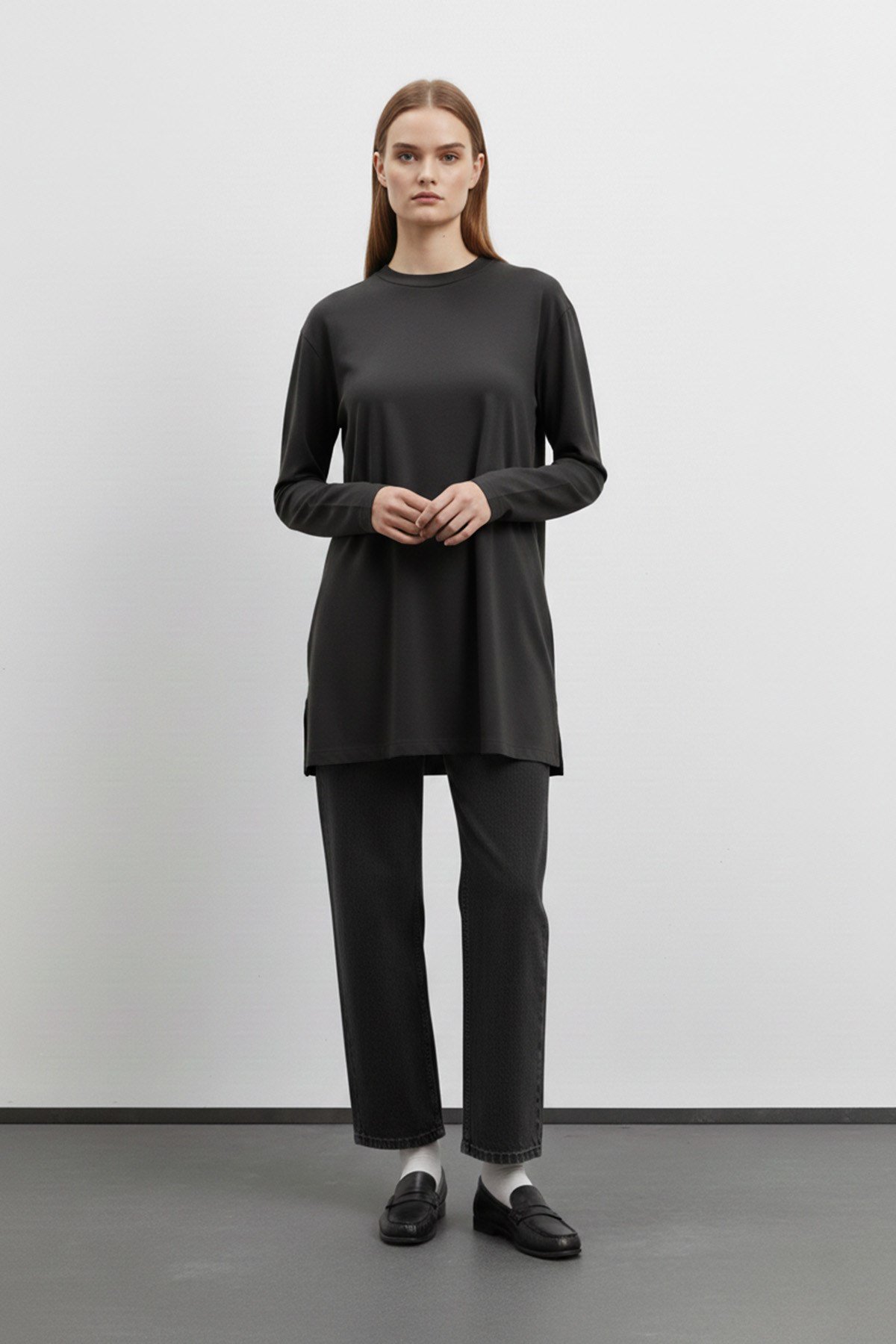 Kadın Basic Uzun Kollu Salaş Tunik-40017 Siyah Tunik Puane 