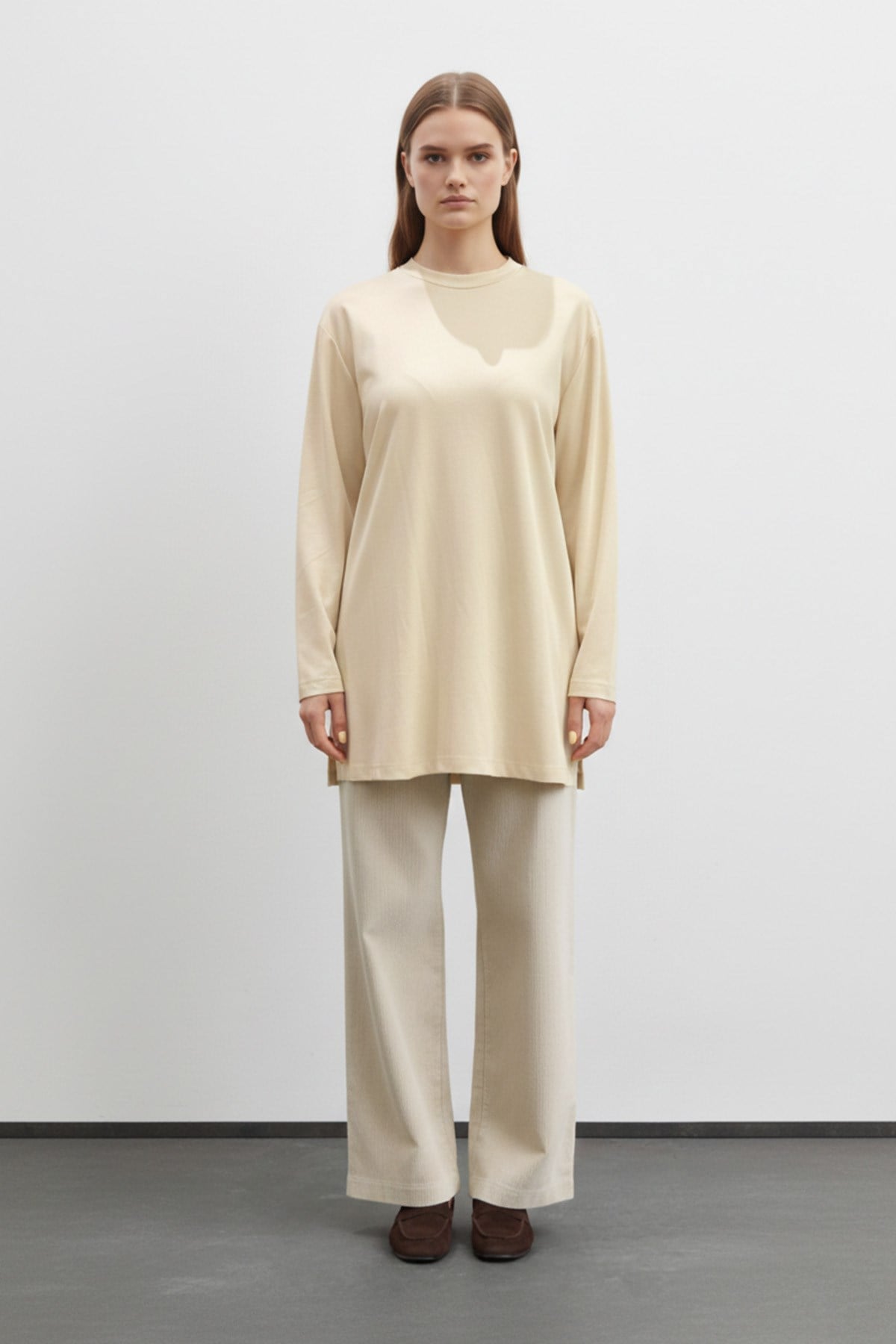 Kadın Basic Uzun Kollu Salaş Tunik-40017 - Bej Tunik Puane 