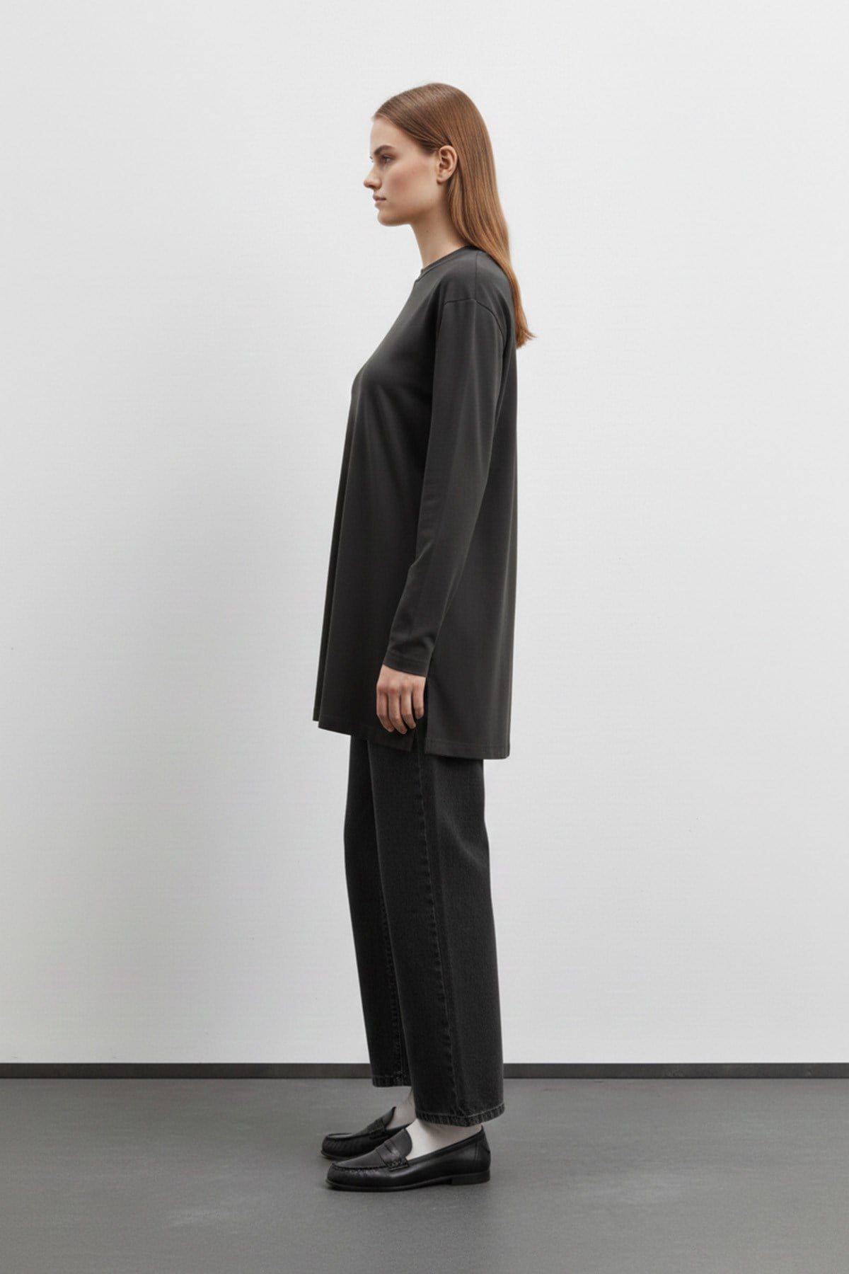Kadın Basic Uzun Kollu Salaş Tunik-40017 - Siyah Tunik Puane 