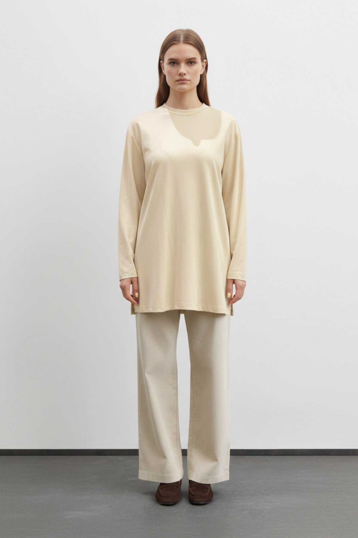 Kadın Basic Uzun Kollu Salaş Tunik-40017 Bej Tunik Puane 