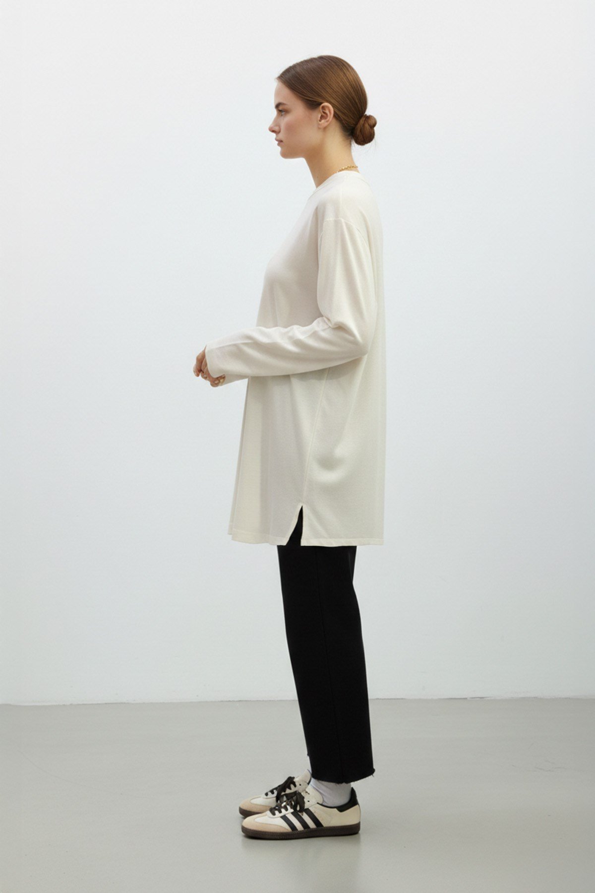 Kadın Basic Uzun Kollu Salaş Tunik-40017 - Ekru Tunik Puane 