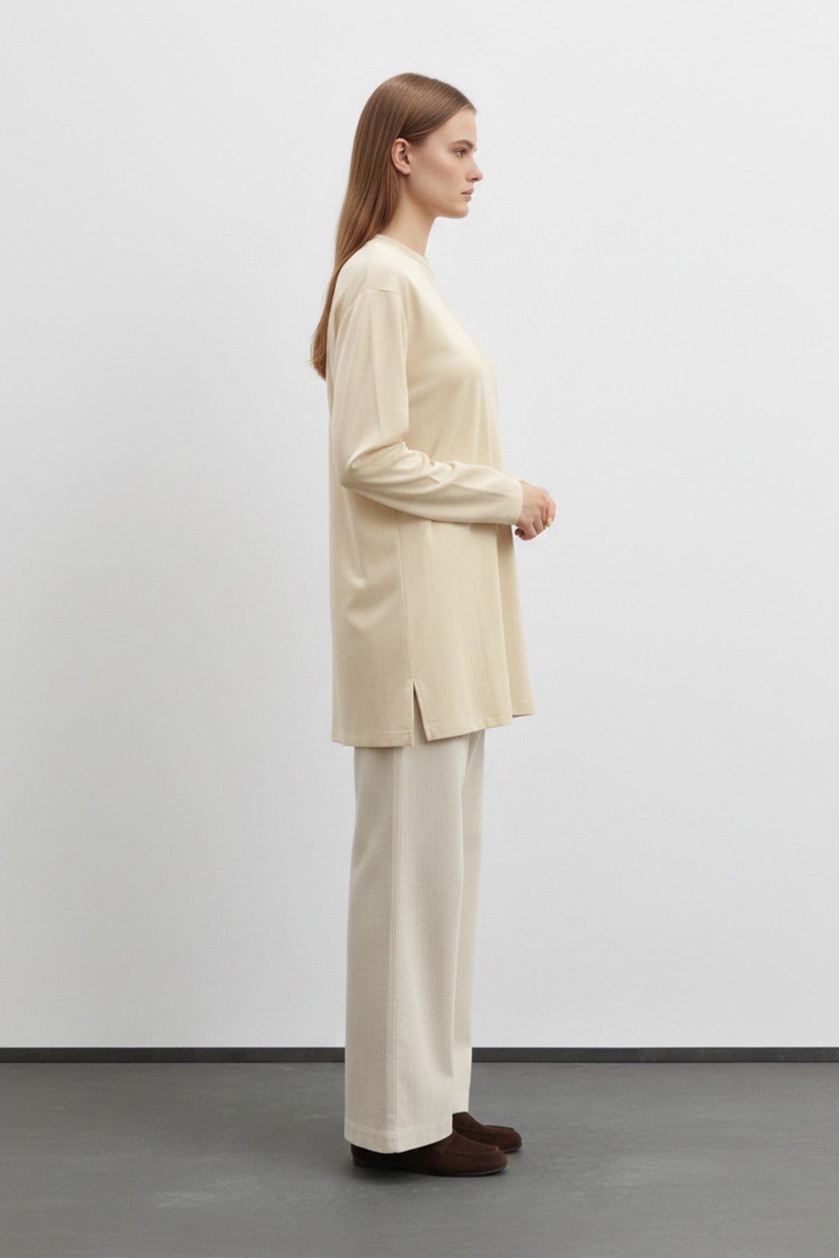 Kadın Basic Uzun Kollu Salaş Tunik-40017 - Bej Tunik Puane 