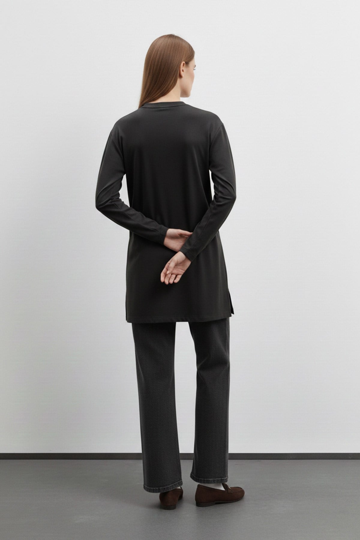 Kadın Basic Uzun Kollu Salaş Tunik-40017 - Siyah Tunik Puane 