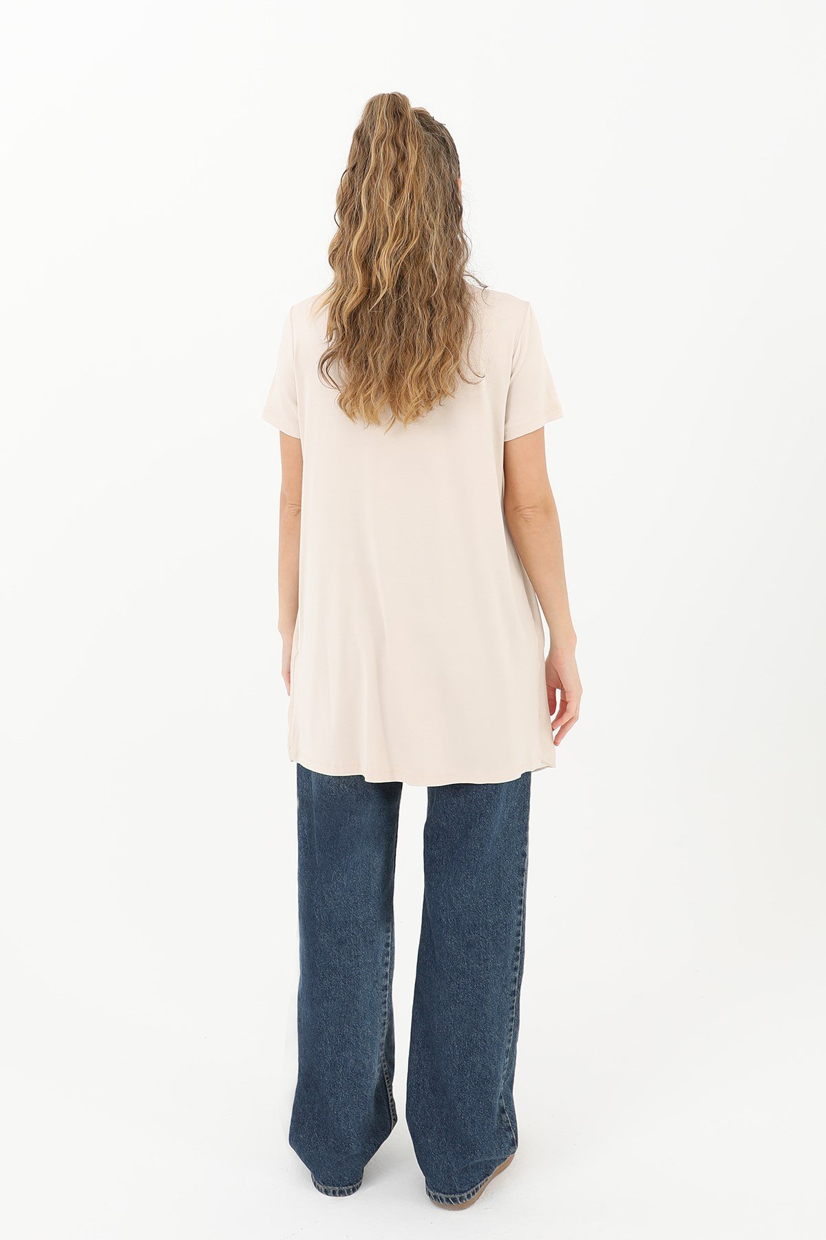 Kadın Basic Uzun T-Shirt -10271TUN Bej Tunik Puane 