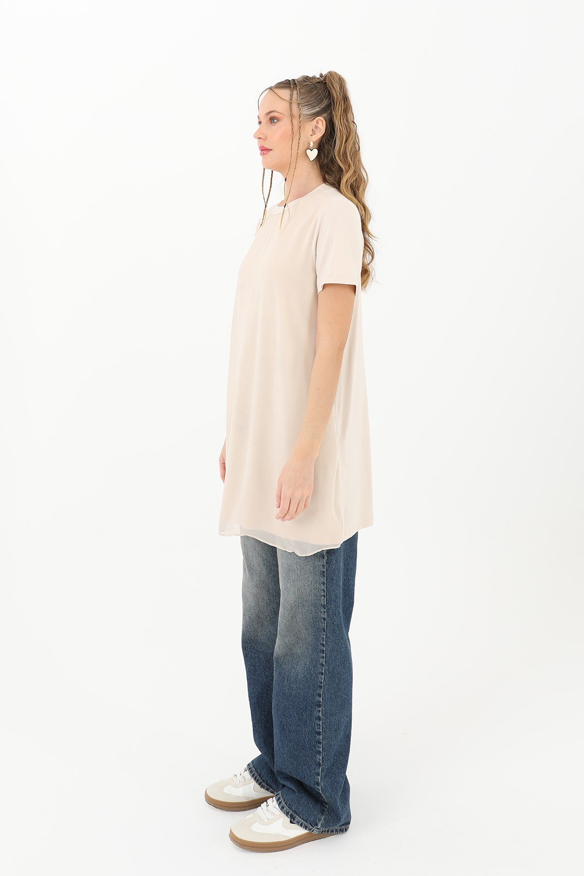 Kadın Basic Uzun T-Shirt -10271TUN Bej Tunik Puane 