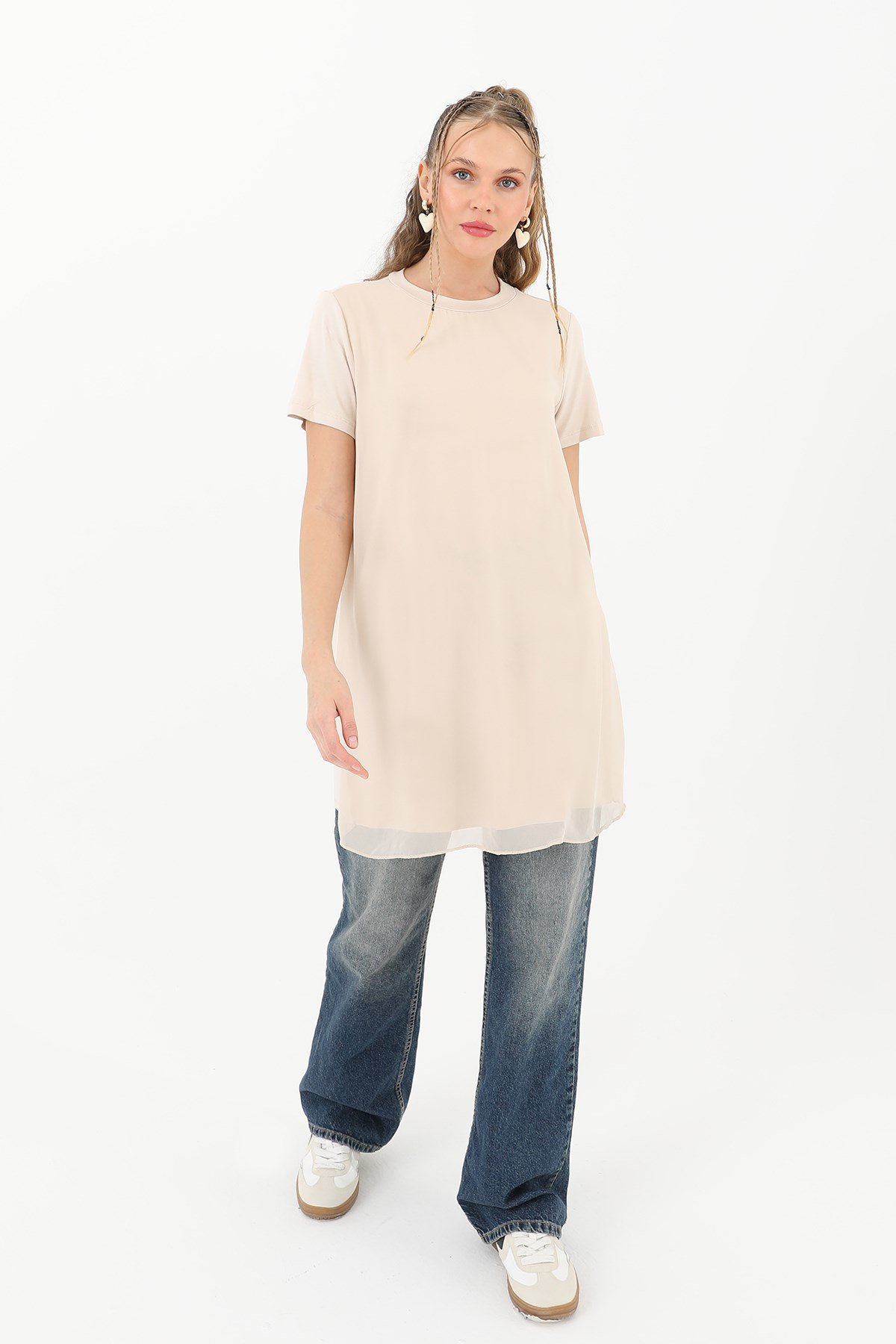 Kadın Basic Uzun T-Shirt -10271TUN Bej Tunik Puane 