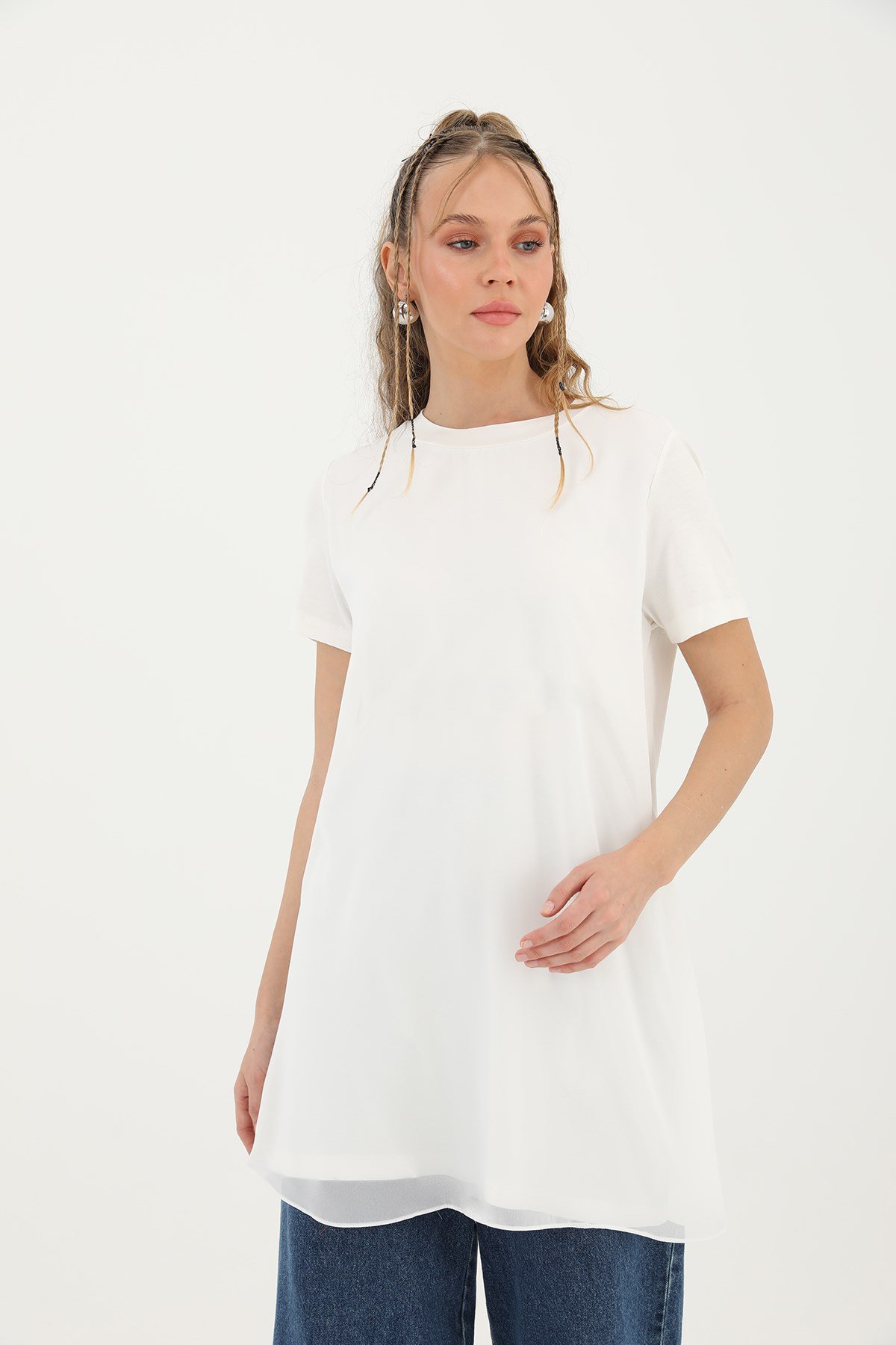 Kadın Basic Uzun T-Shirt -10271TUN Ekru Tunik Puane 