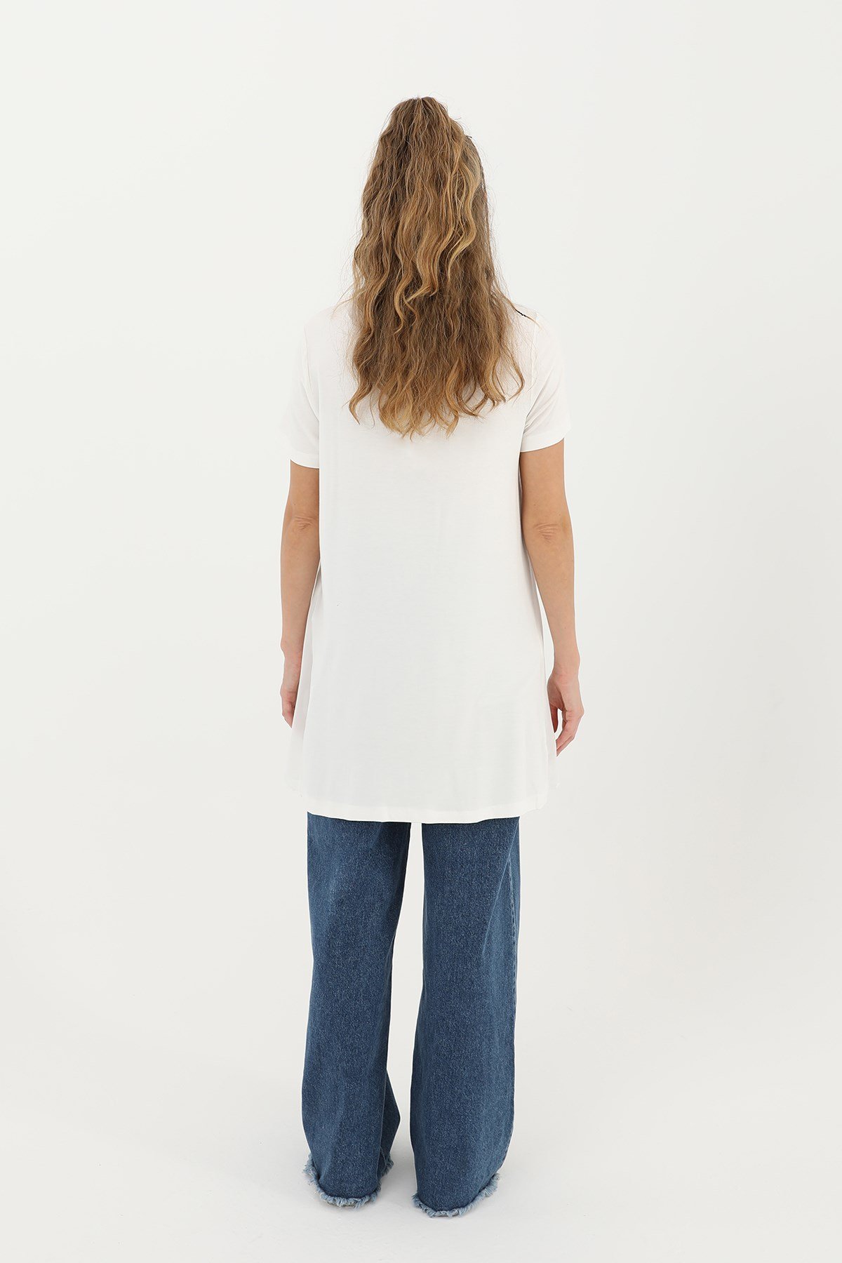 Kadın Basic Uzun T-Shirt -10271TUN Ekru Tunik Puane 